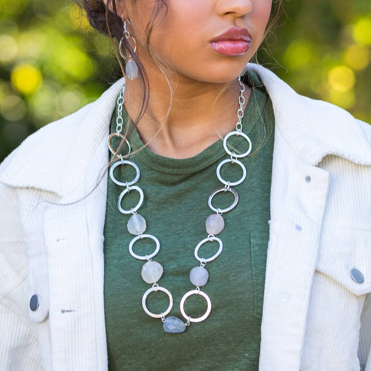 Silver-Plated Long Necklace With Chalcedony Stones