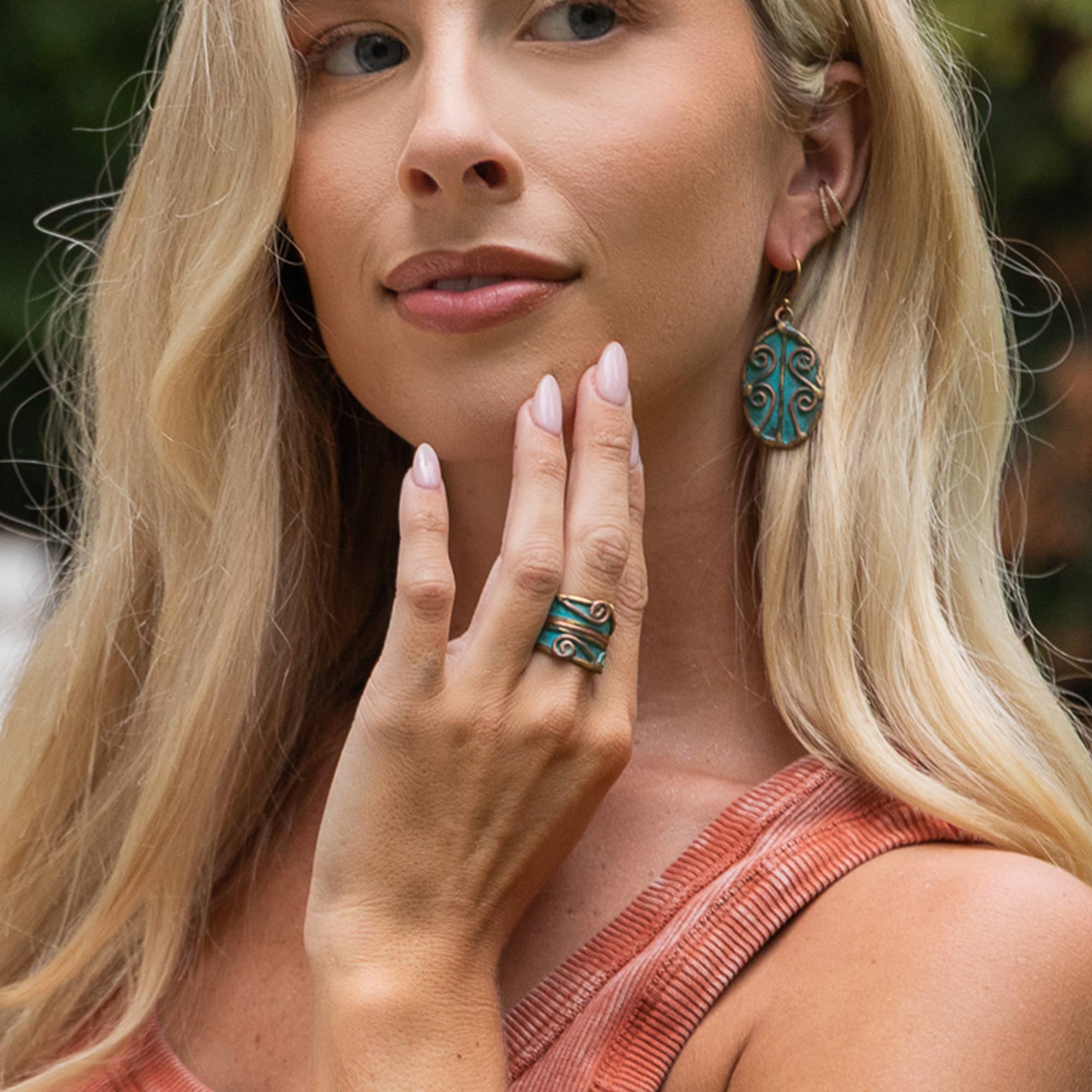 Handcrafted Turquoise & Copper Scrollwork Brass Patina Ring