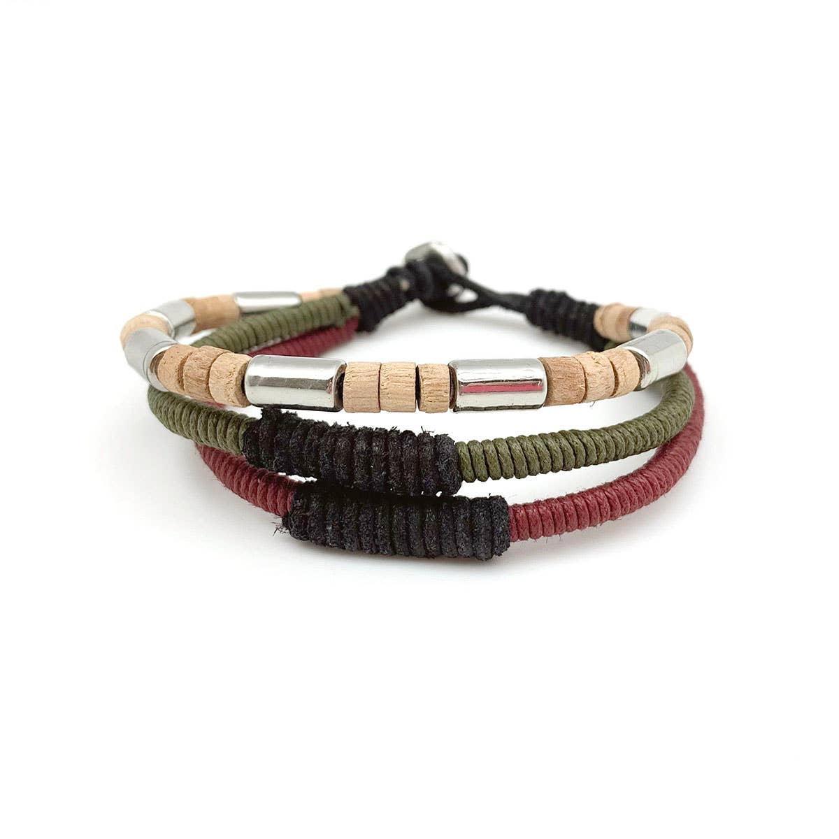 Aadi Bracelet - Wood/Metal Beads, Green/Red Twine