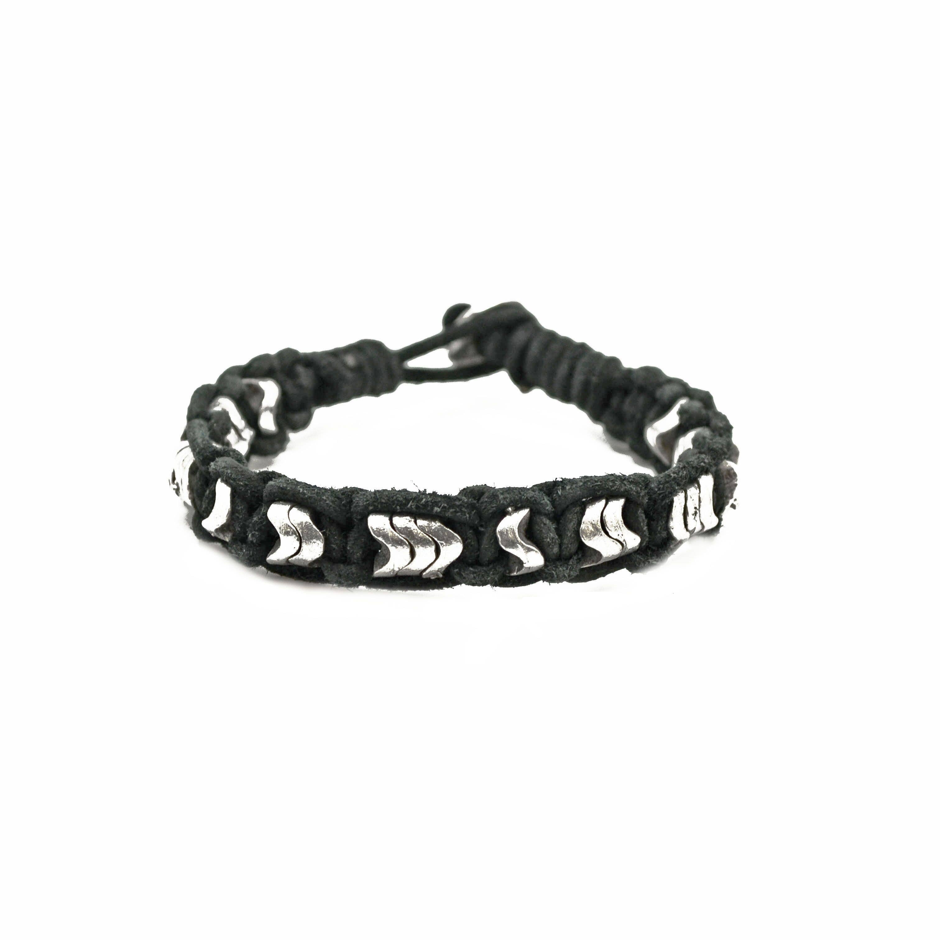 Aadi Silver Wavy Beads with Black Leather Men's Bracelet