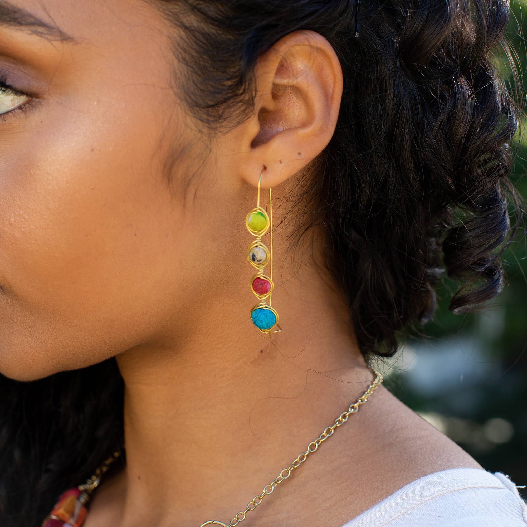 Aasha Kantha Wrapped Wire Beads Hinge Lock Drop Earrings