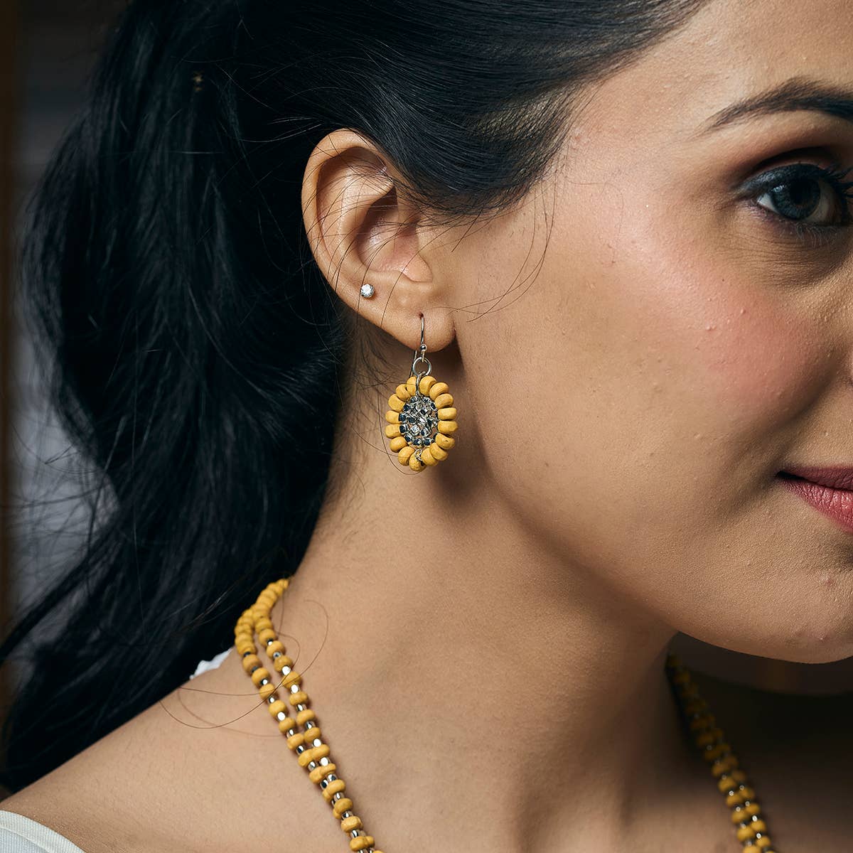 Sachi Wood Bead Flower Earrings - Yellow