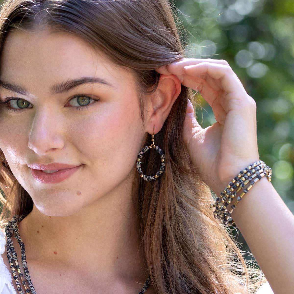 Aasha Monochrome Small Bead Hoop Kantha Handcrafted Earrings