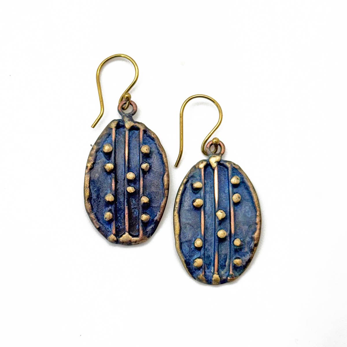 Handcrafted Navy Blue Dotted Line Brass Patina Earrings