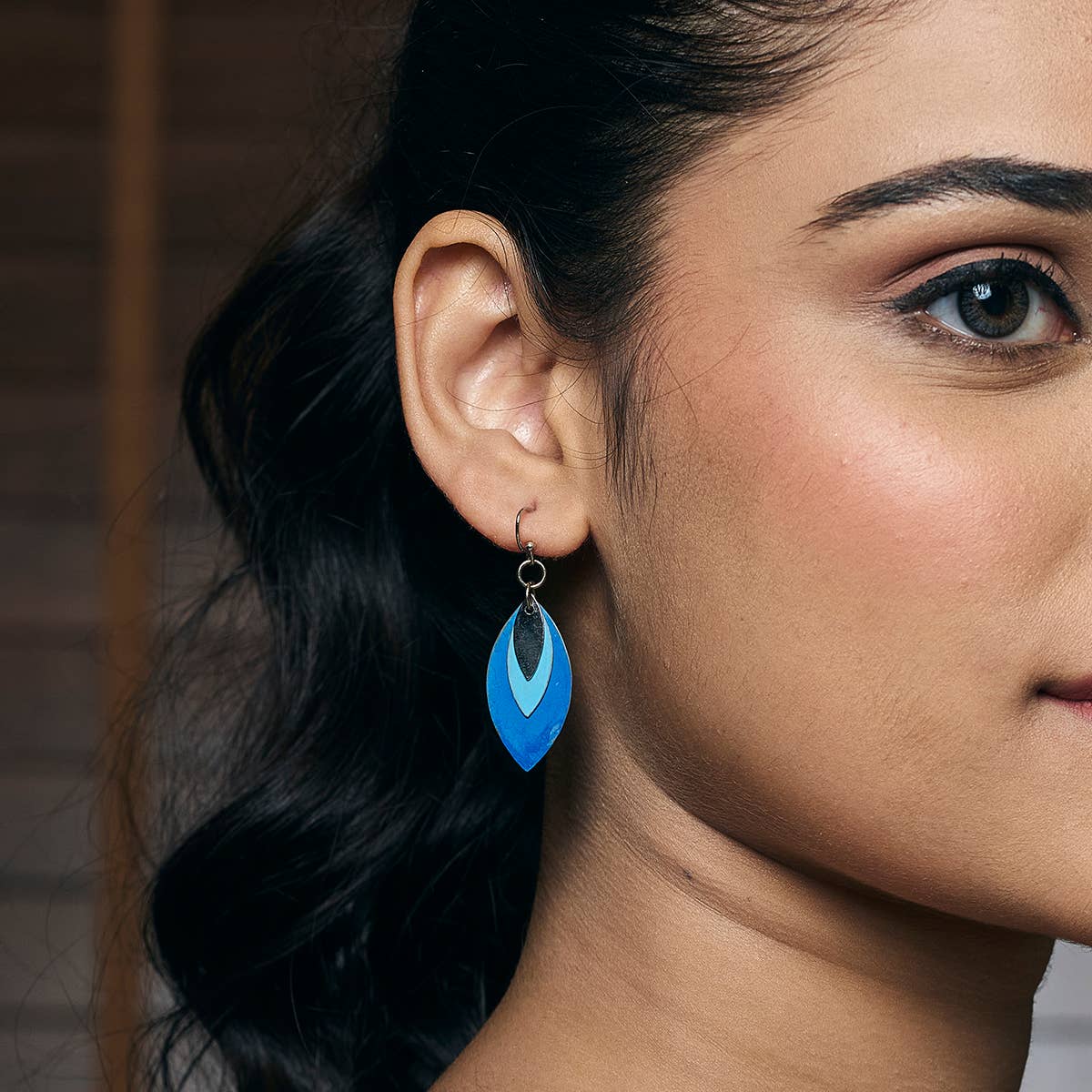 Handcrafted Tonal Blue Patina Layered Leaf Earrings