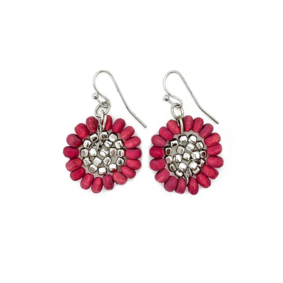 Sachi Wood Bead Flower Earrings - Fuschia