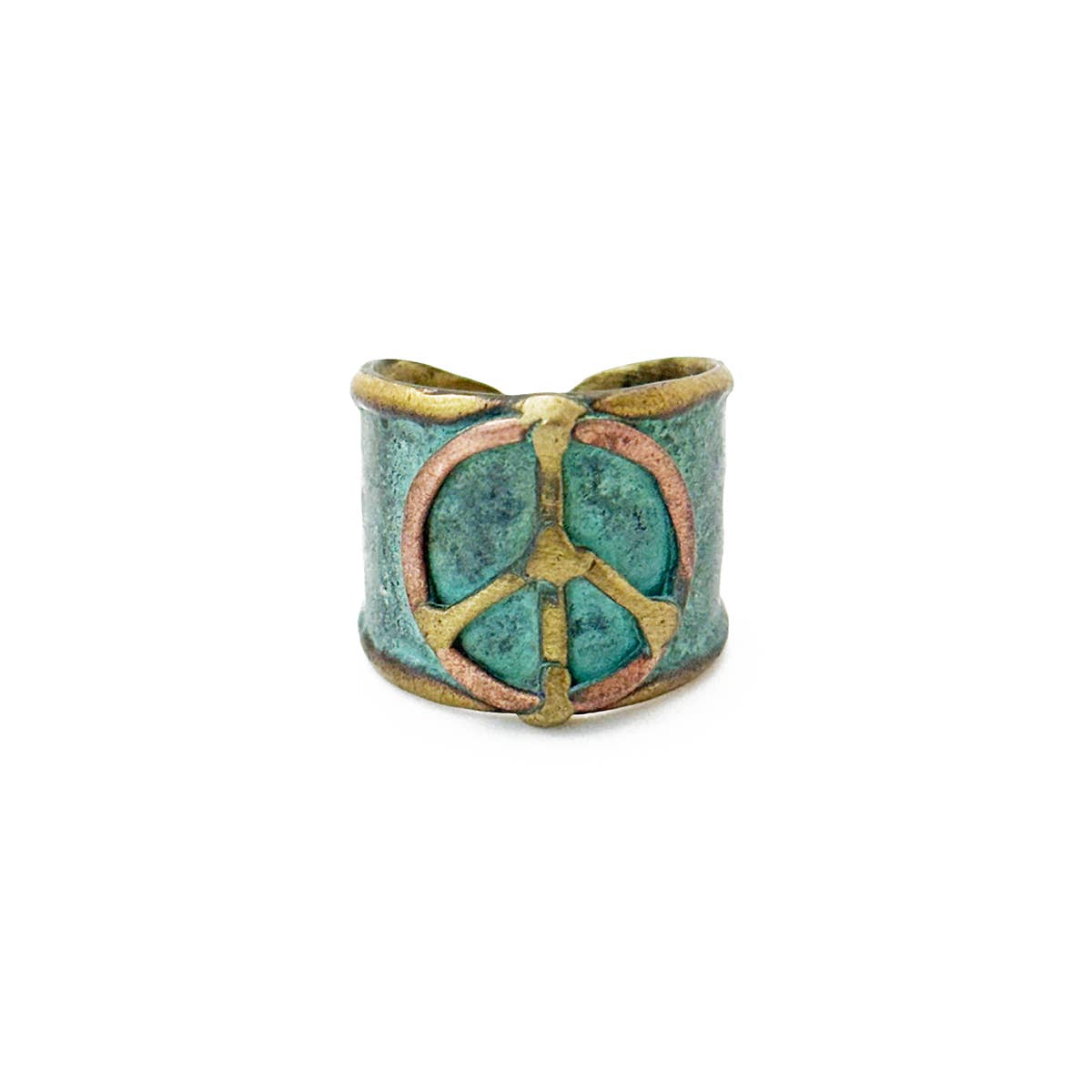 Handcrafted Verdigris Peace Sign Brass Patina Ring
