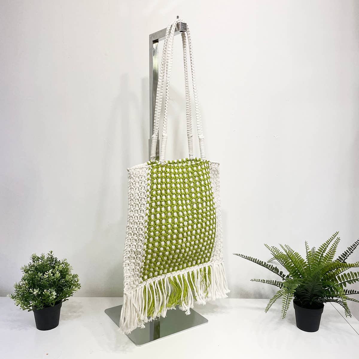 Millie Bag - Knitted Raffia Bag with fringes - Lime Green