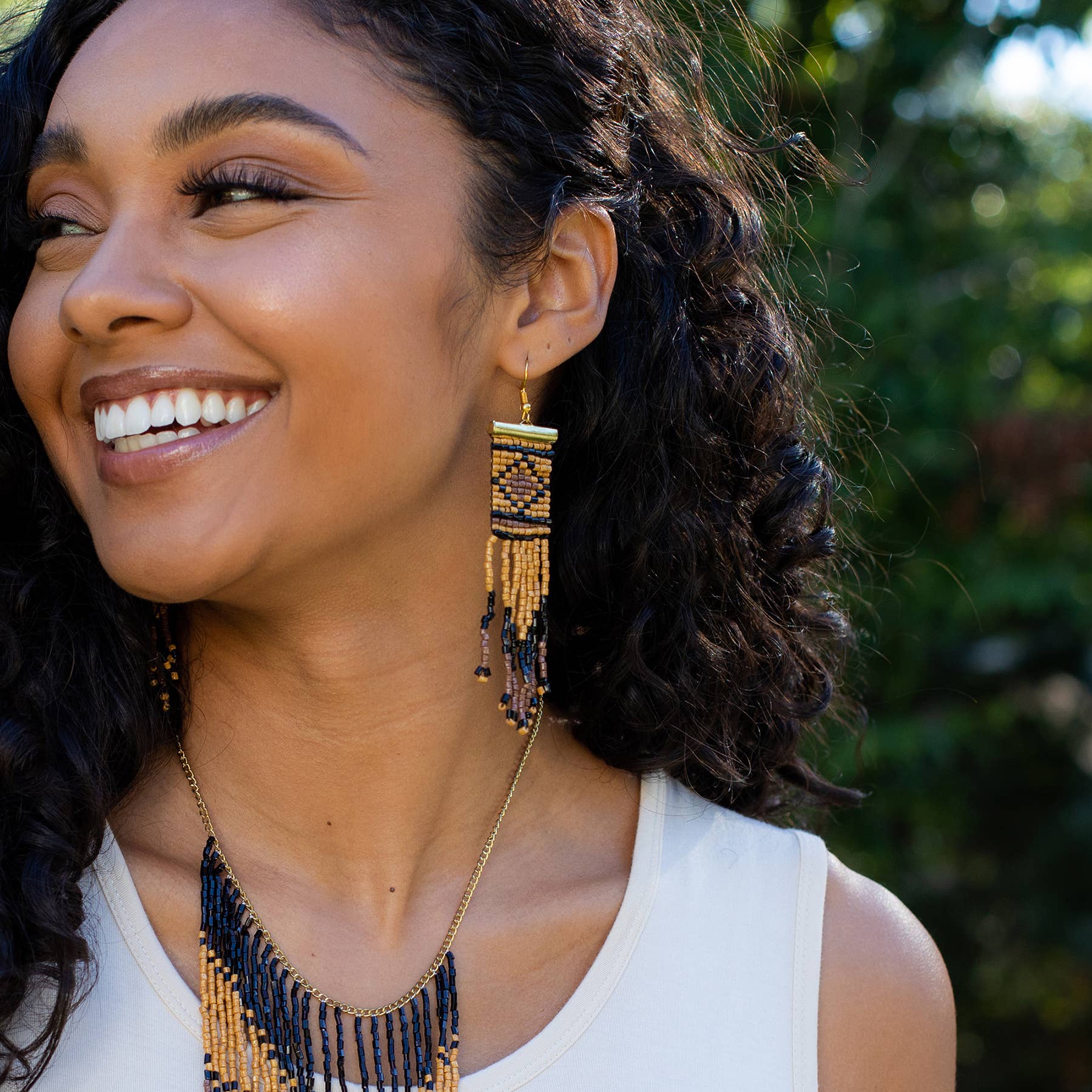 Sachi Beaded Safari Earrings - Tan Diamond with Bead Fringe
