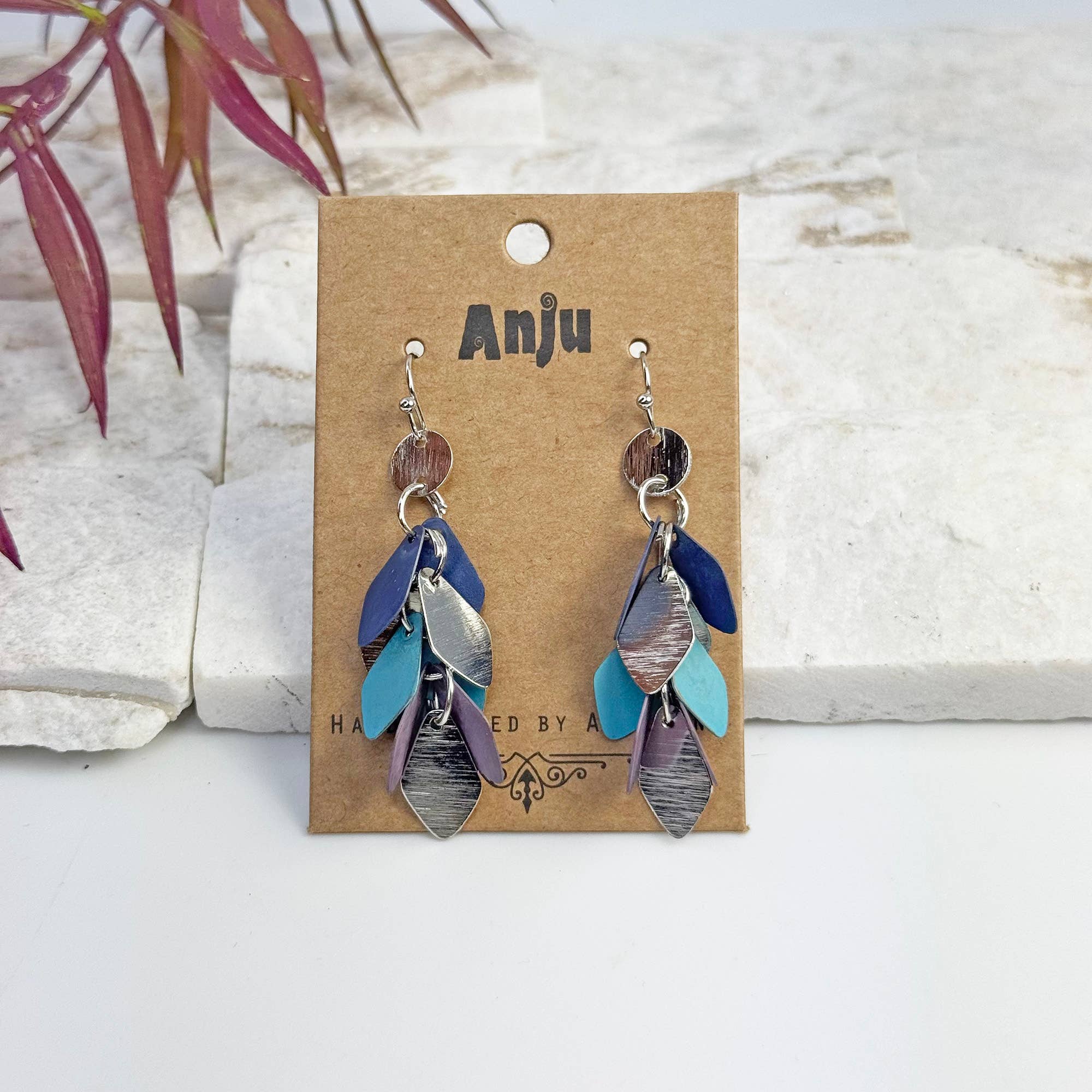 Handcrafted Cool Patina Angular Leaf Dangle Earrings
