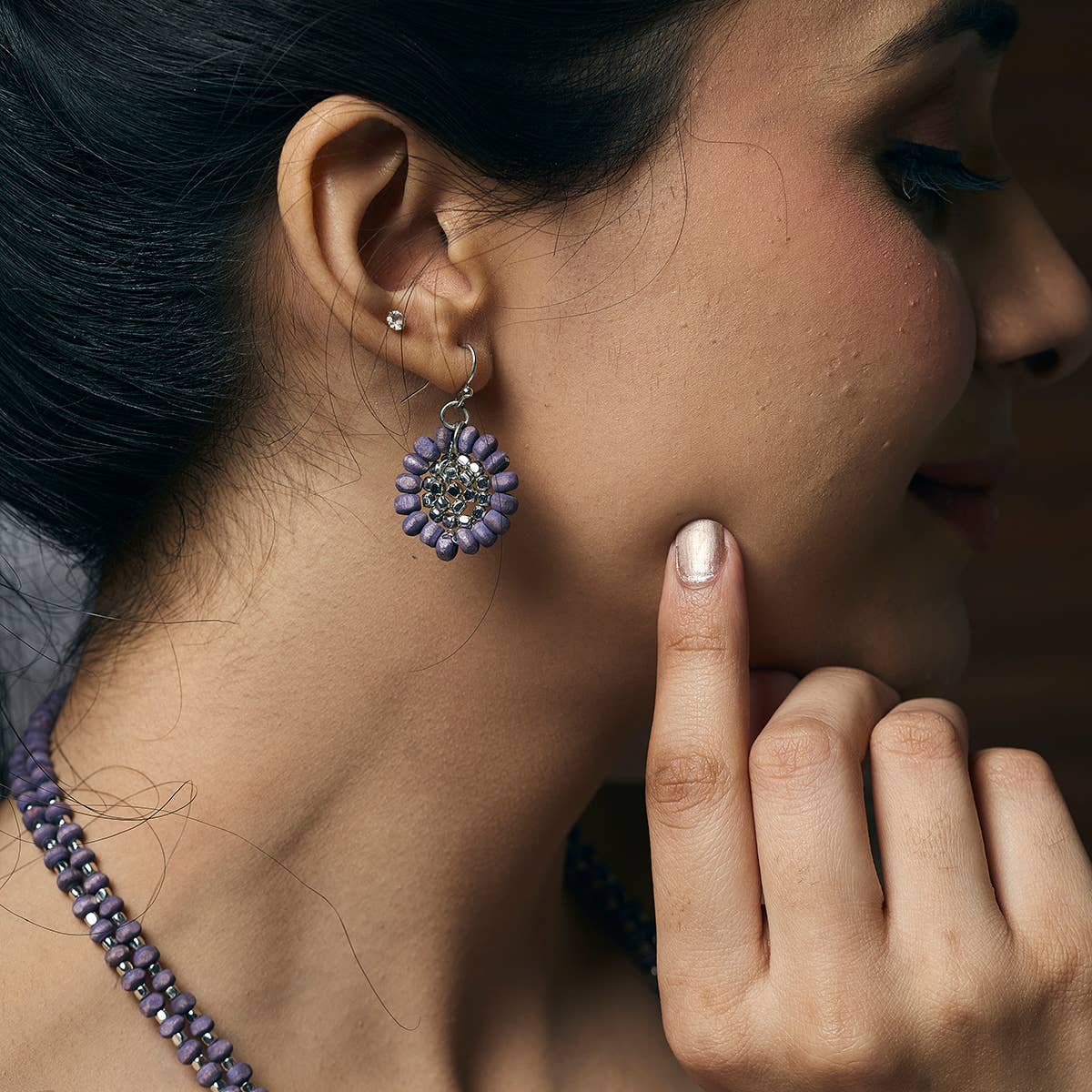 Sachi Wood Bead Flower Earrings - Purple