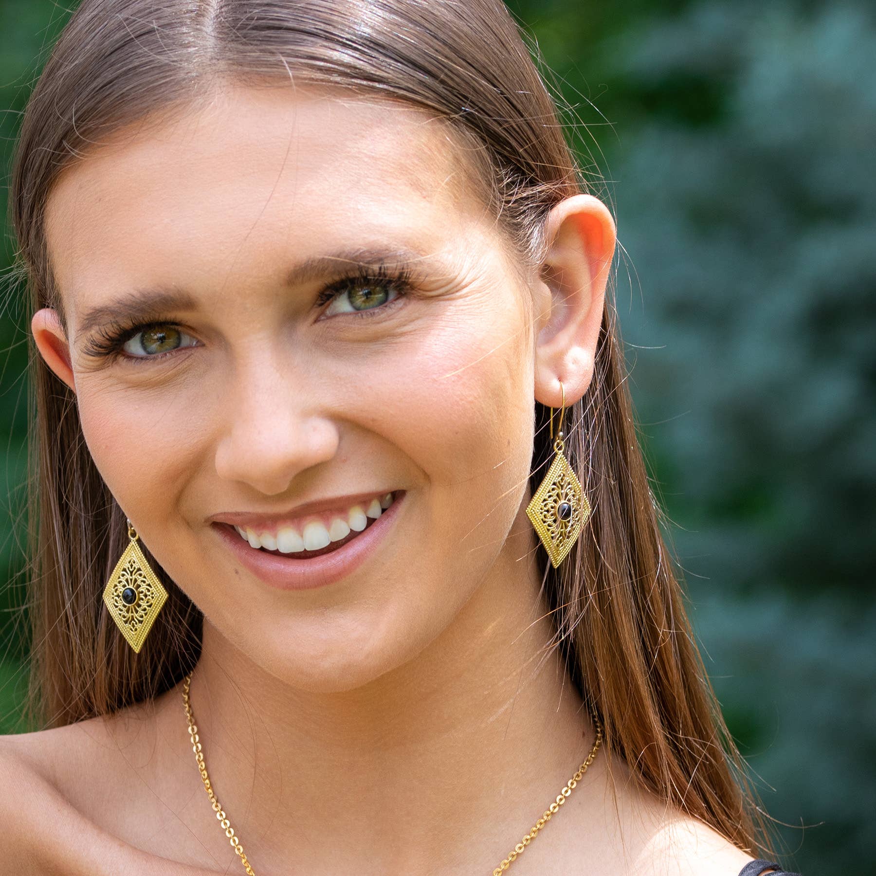 Tanvi Gold-Plated and Black Onyx Earrings - Filigree Diamond