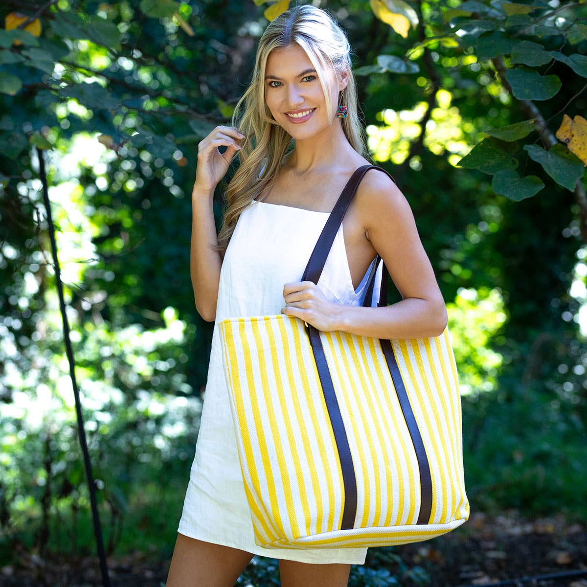 Malibu Tote - Yellow and White Tote with Leather Handles