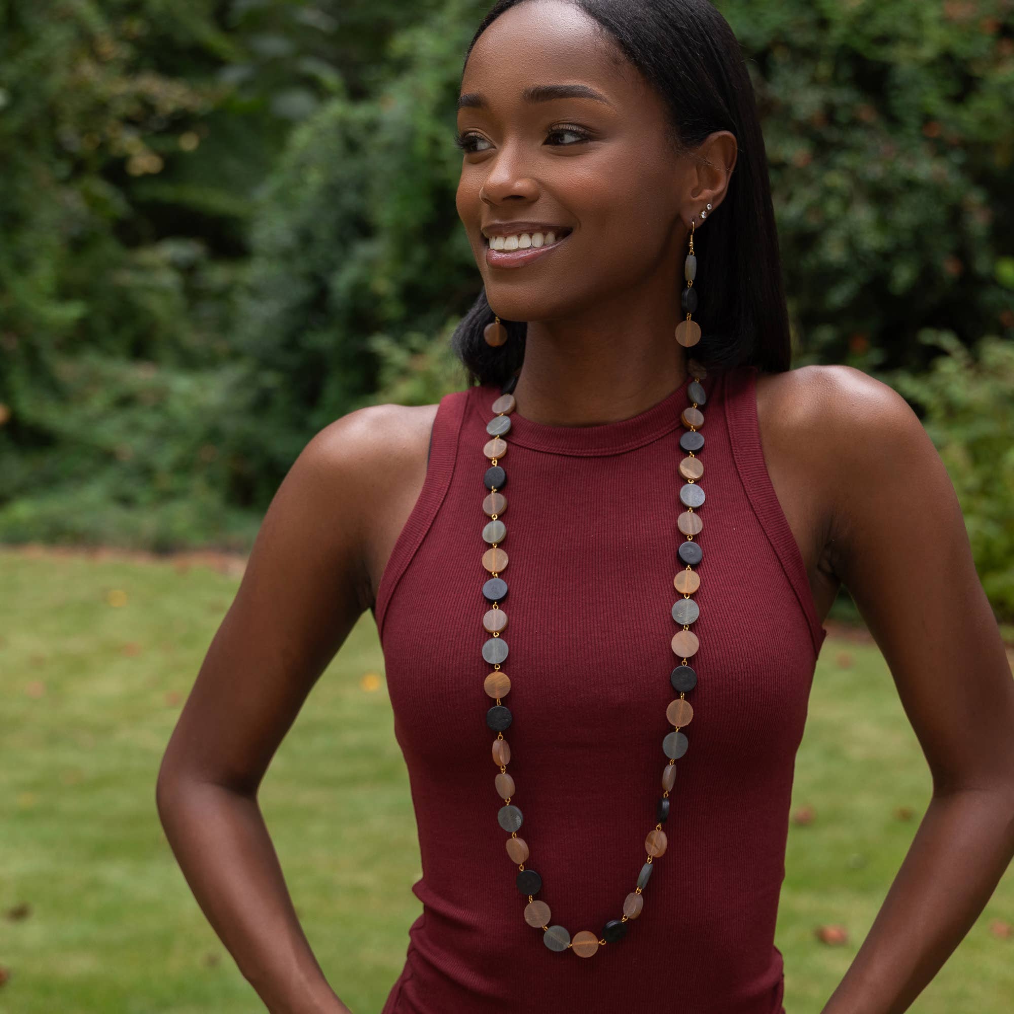 Omala Autumn Neutrals Necklace - Long Disc Earth