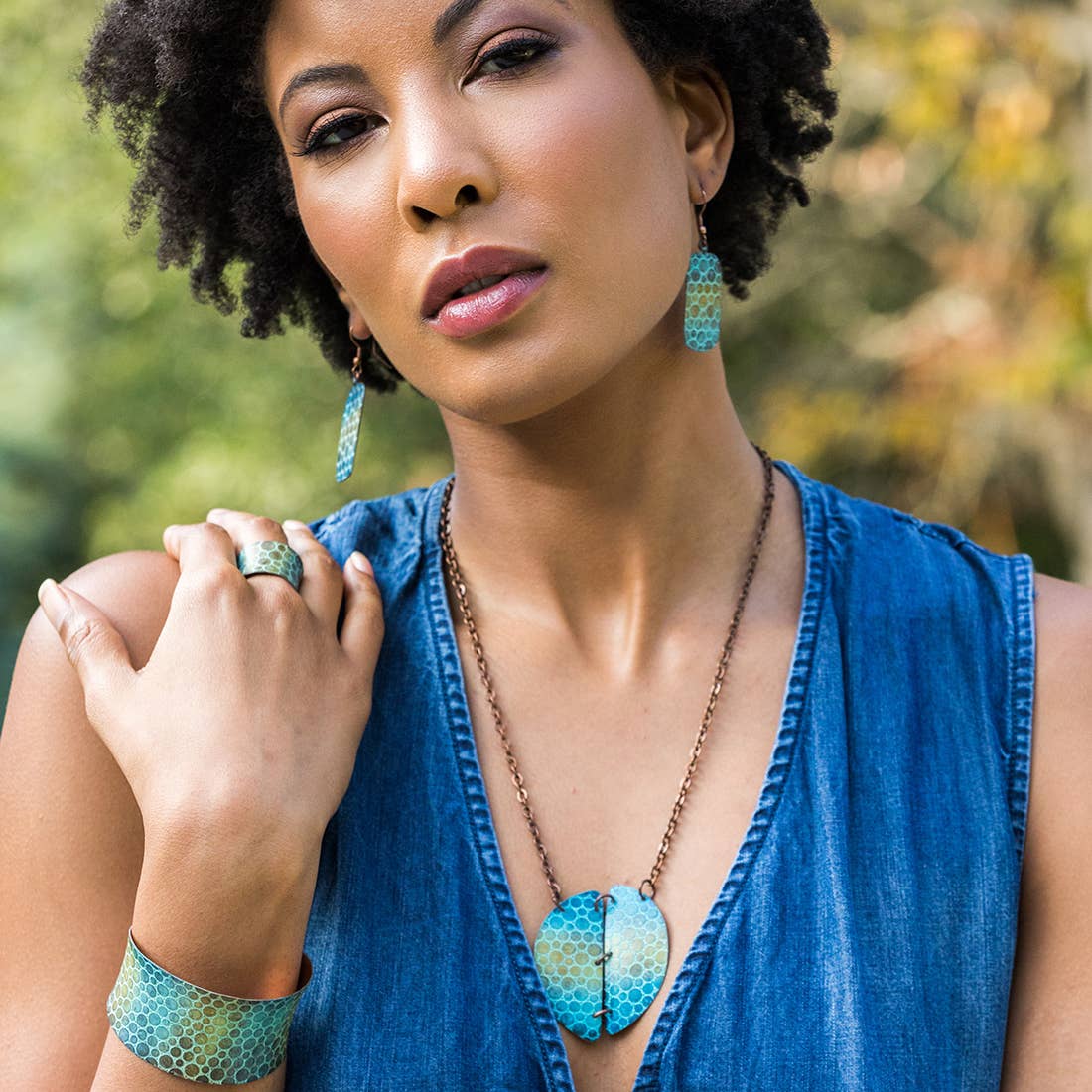 Copper Patina Necklace - Hammered Circle Halves