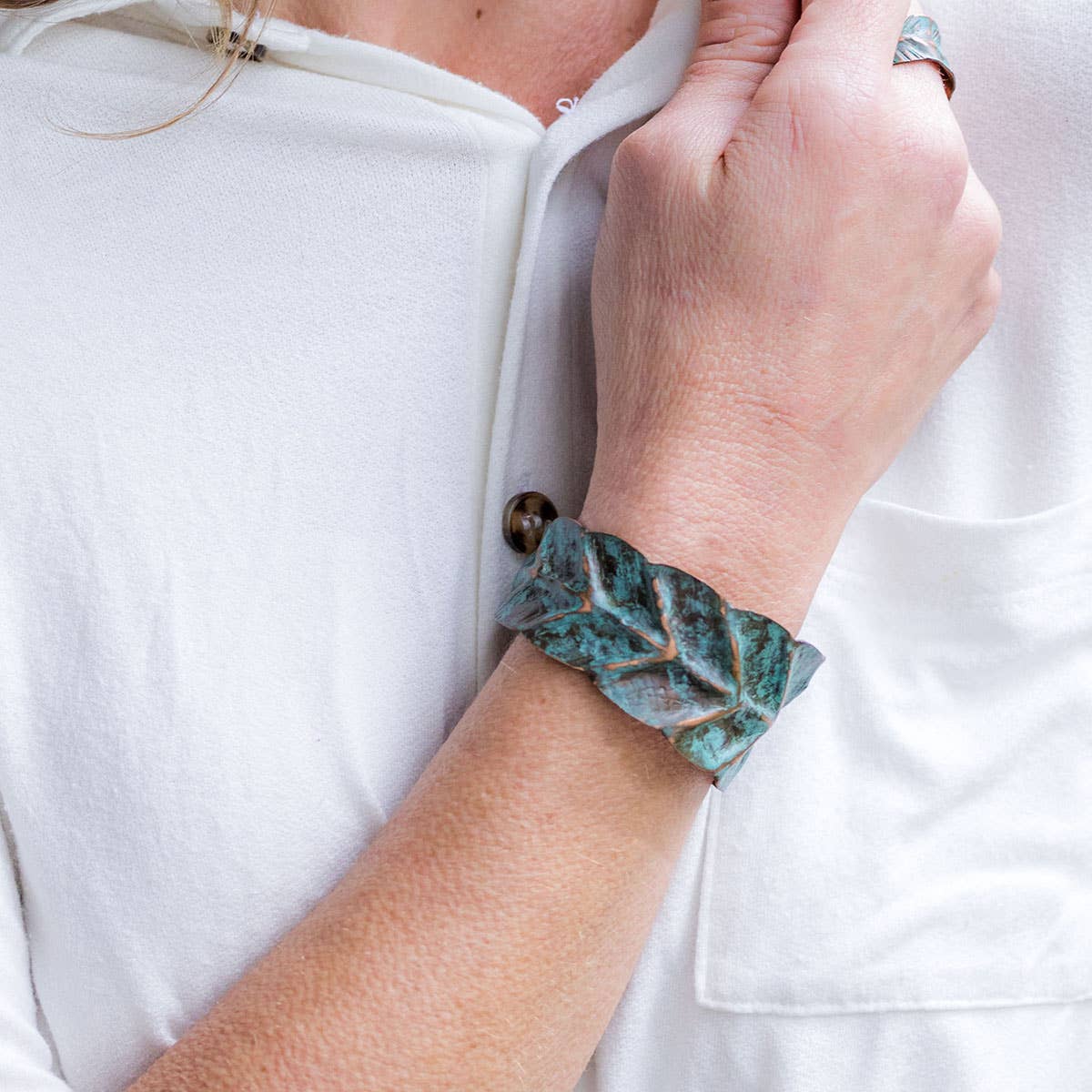 Copper Patina Bracelet - Teal Wrapped Leaf