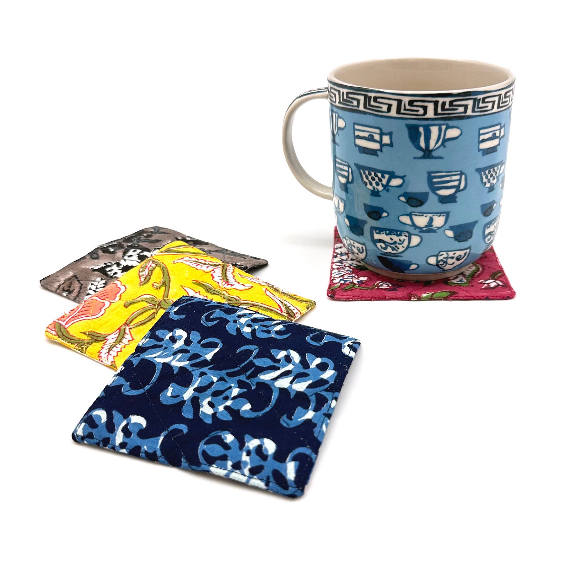 Block Printed Cotton Quilted Coaster Set - Set of 4 Assorted
