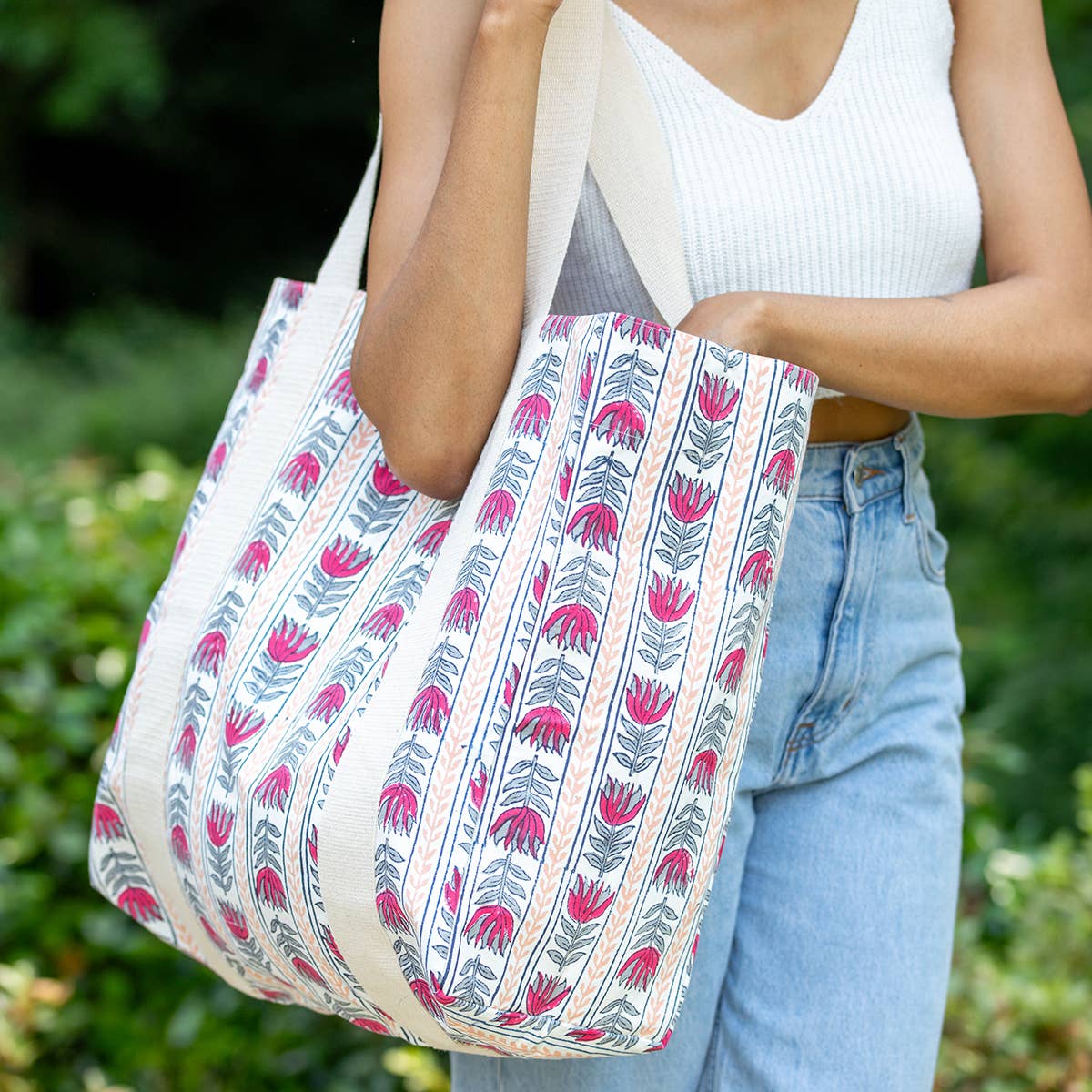 Handcrafted Canvas Bag with Block-Printed  Sweet Pea