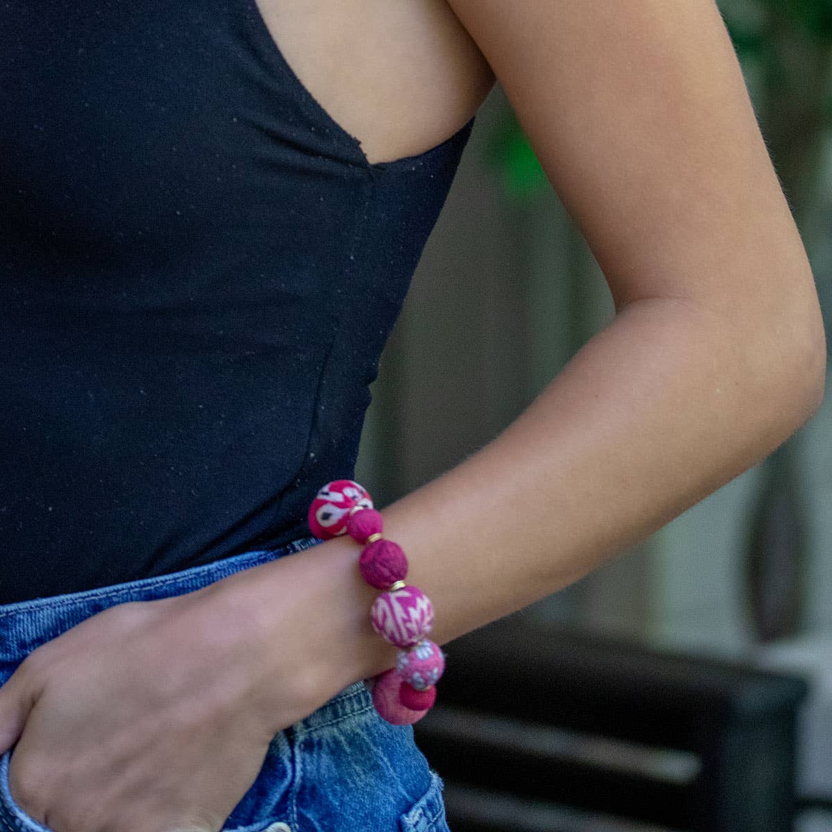 Aasha Bold Blush Stretch Kantha Handcrafted Bracelet