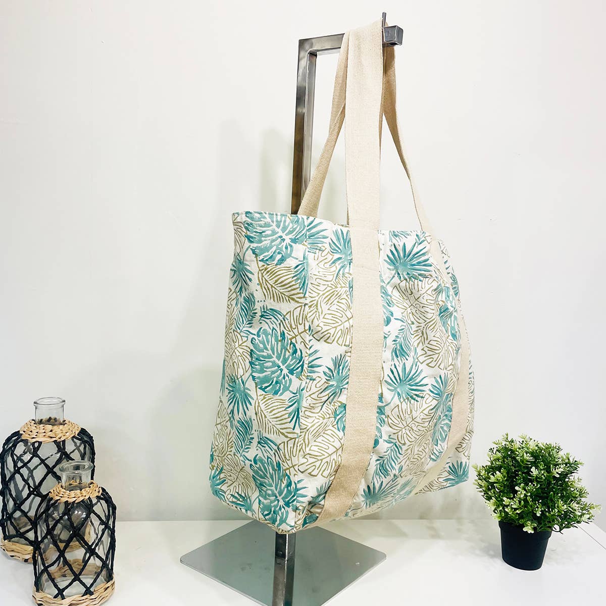 Handcrafted Canvas Bag with Block-Printed Paradise Palms
