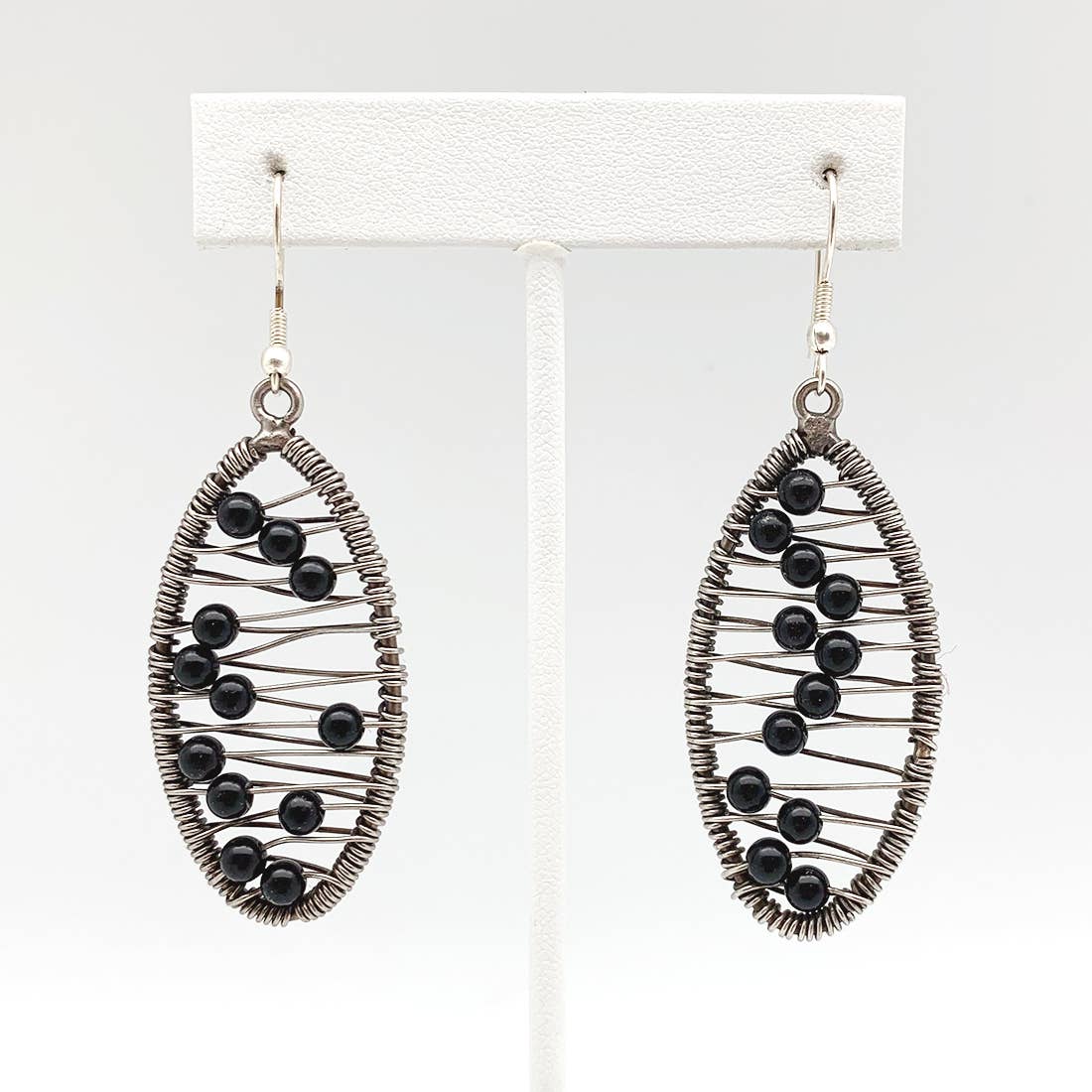 Wire-Wrapped Stone Earrings - Antique Silver, Black Onyx