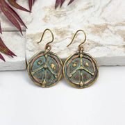 Handcrafted Verdigris Peace Sign Brass Patina Earrings