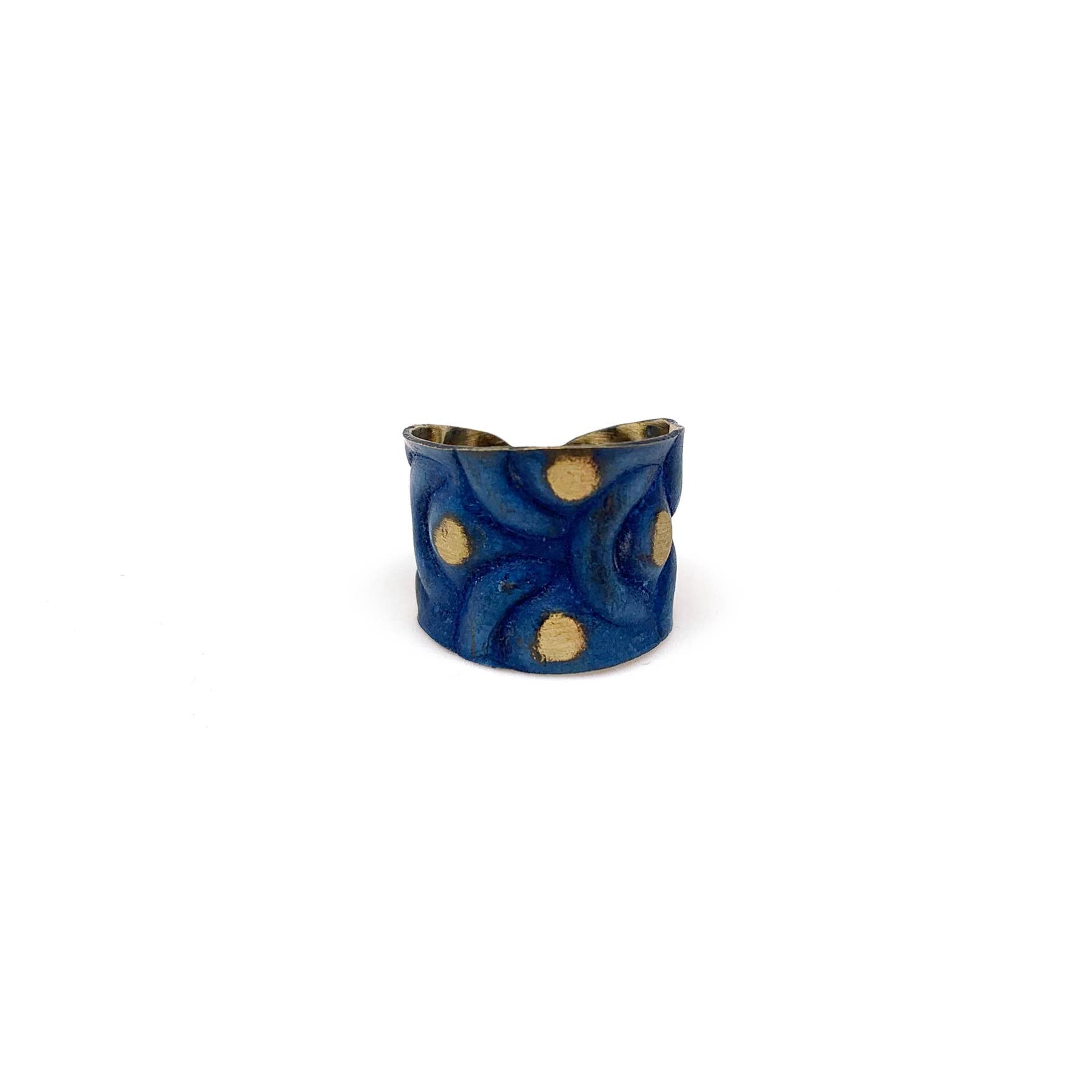 Brass Patina Ring - Cobalt Blue Waves and Brass Dots