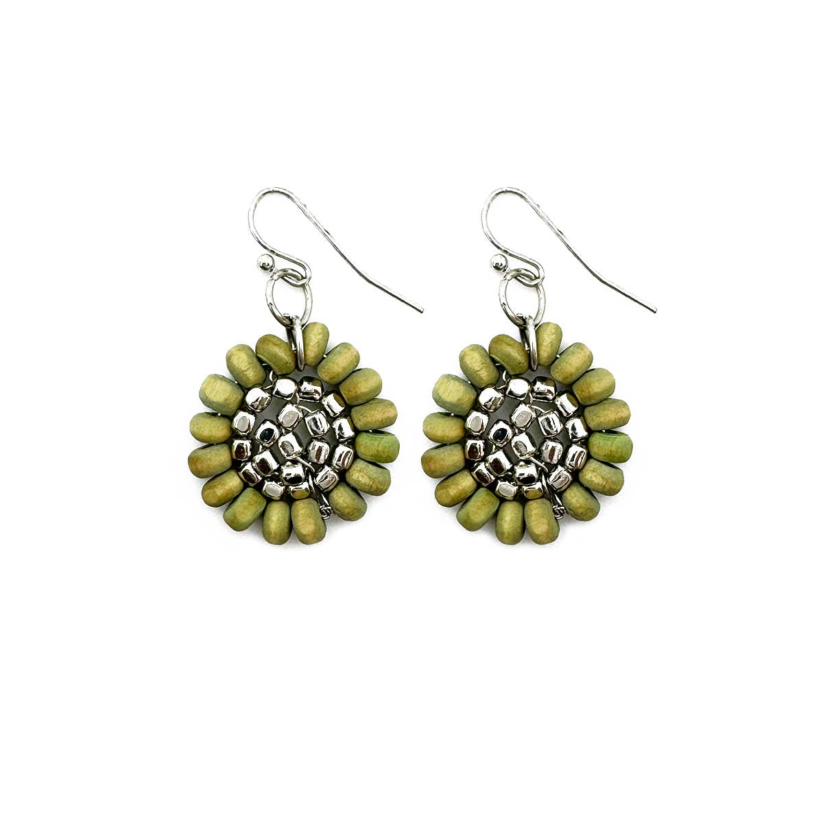 Sachi Wood Bead Flower Earrings - Sage