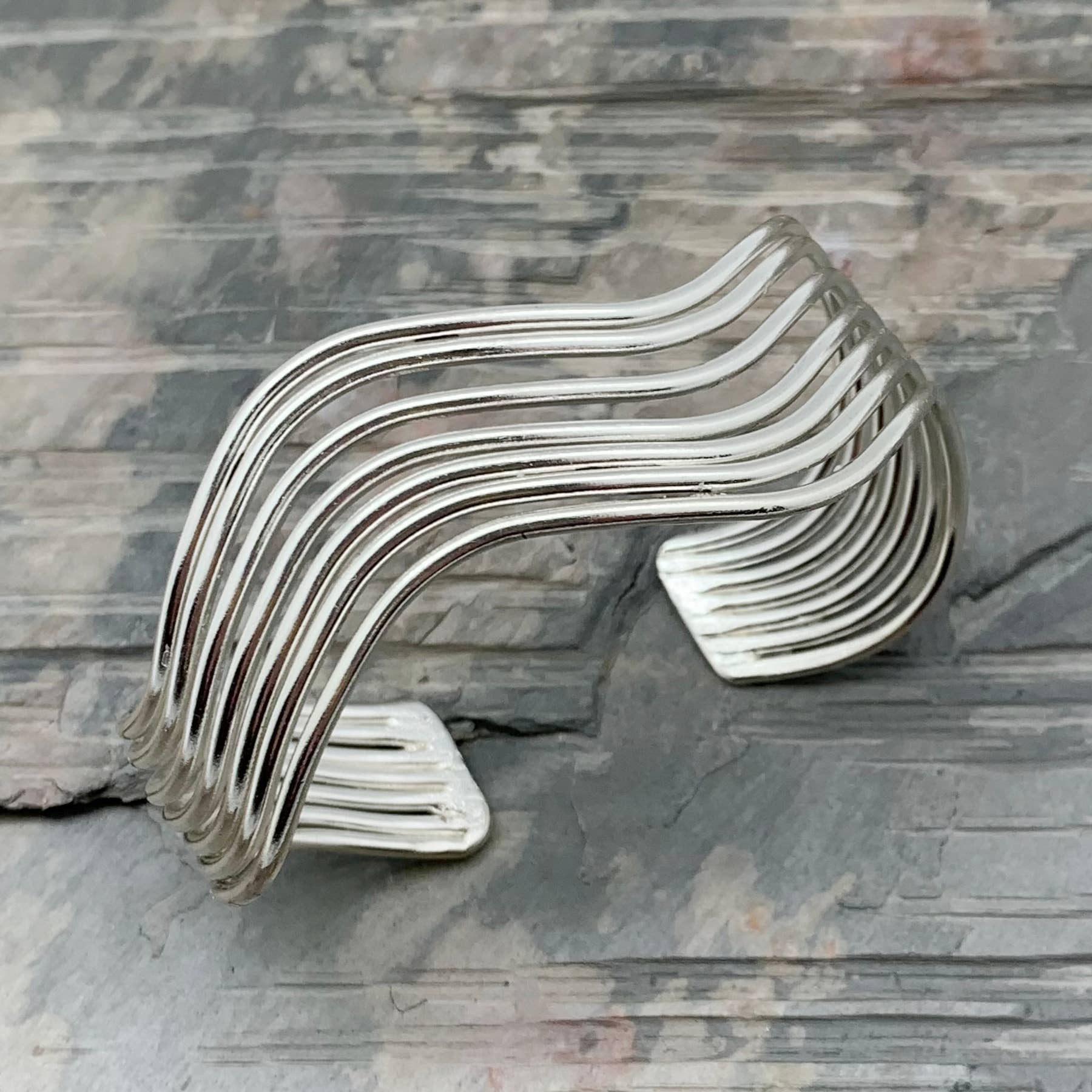 Silver Plated Adjustable Cuff Bracelet - Thin Wavy Bands