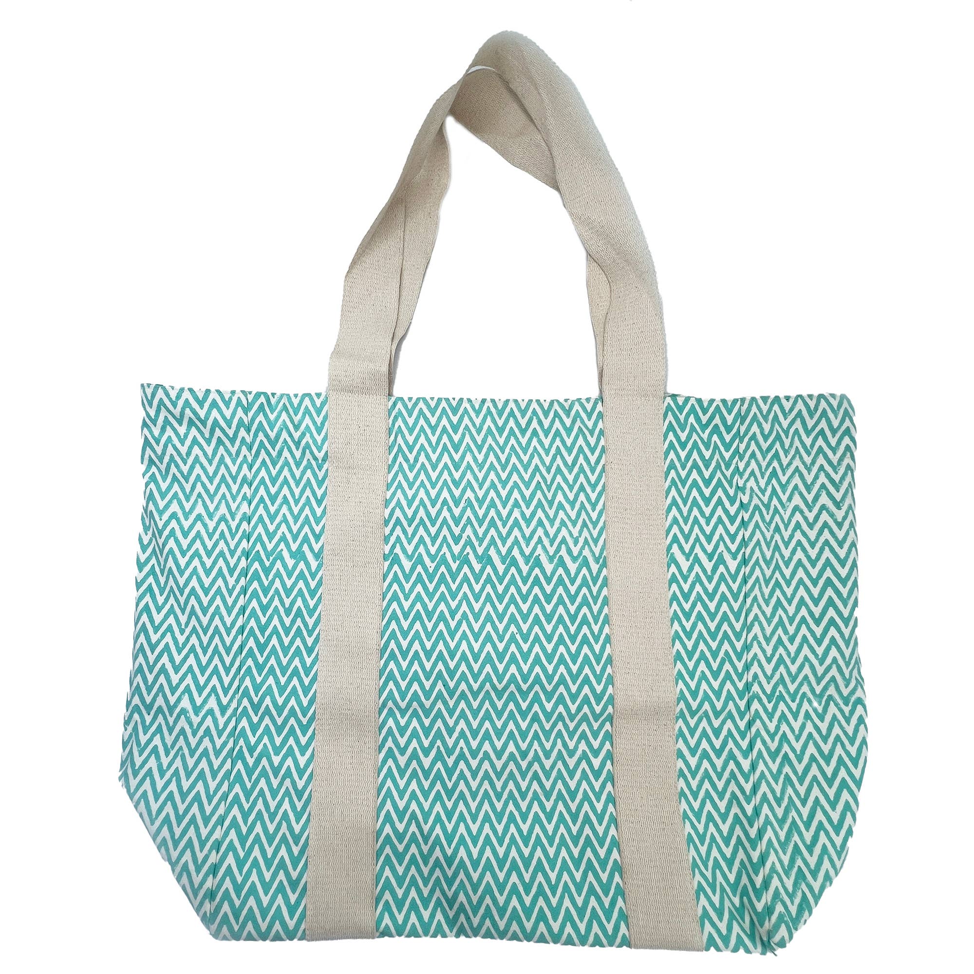Handcrafted Canvas Bag with Block-Printed Aqua Zigzag