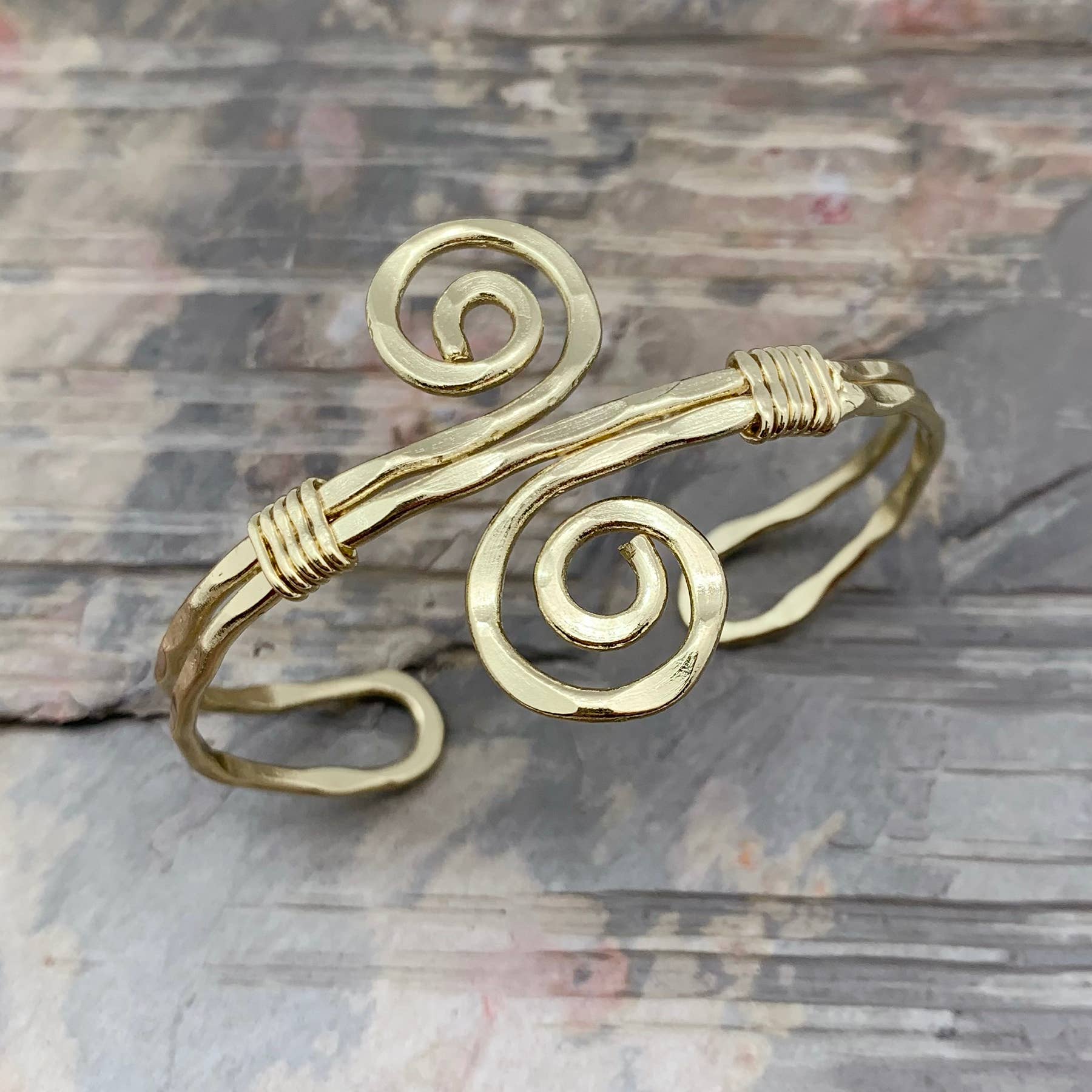 Gold Plated Adjustable Cuff Bracelet - Narrow S Spiral