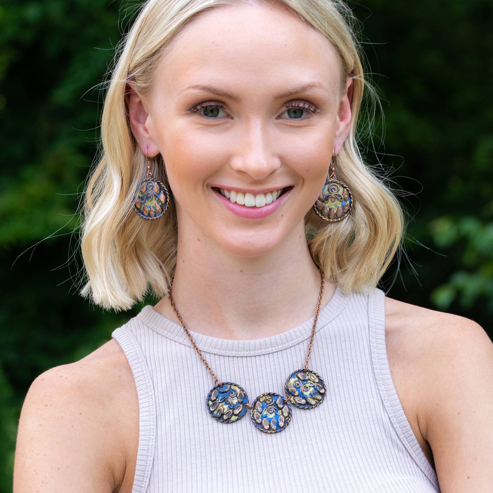 Copper Patina Necklace - Royal Blue and Gold Three Circles