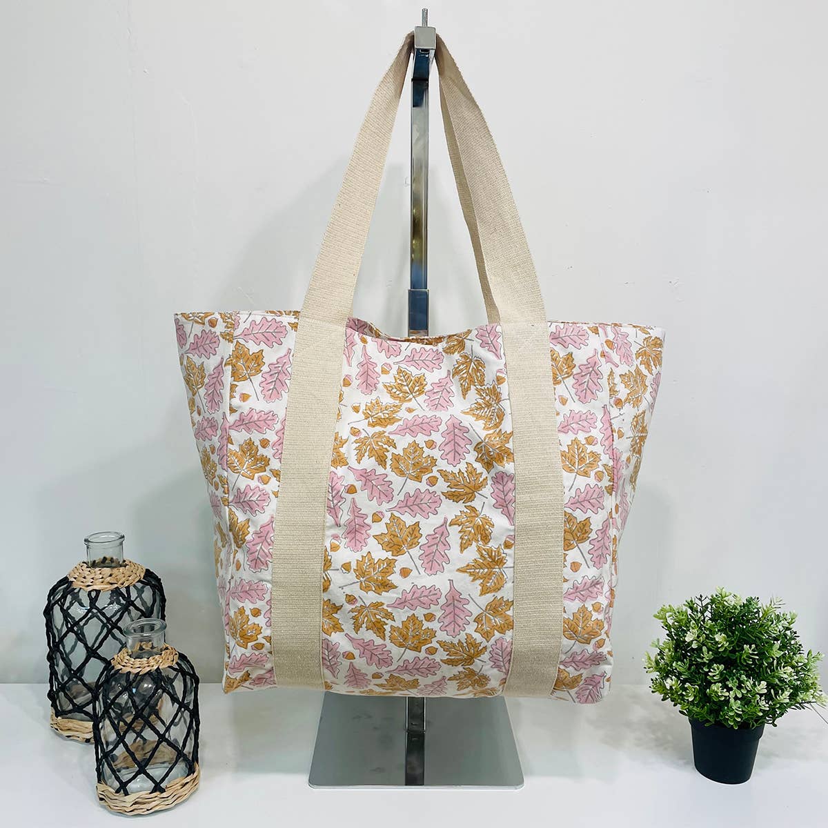 Handcrafted Canvas Bag with Block-Printed Leaves pattern