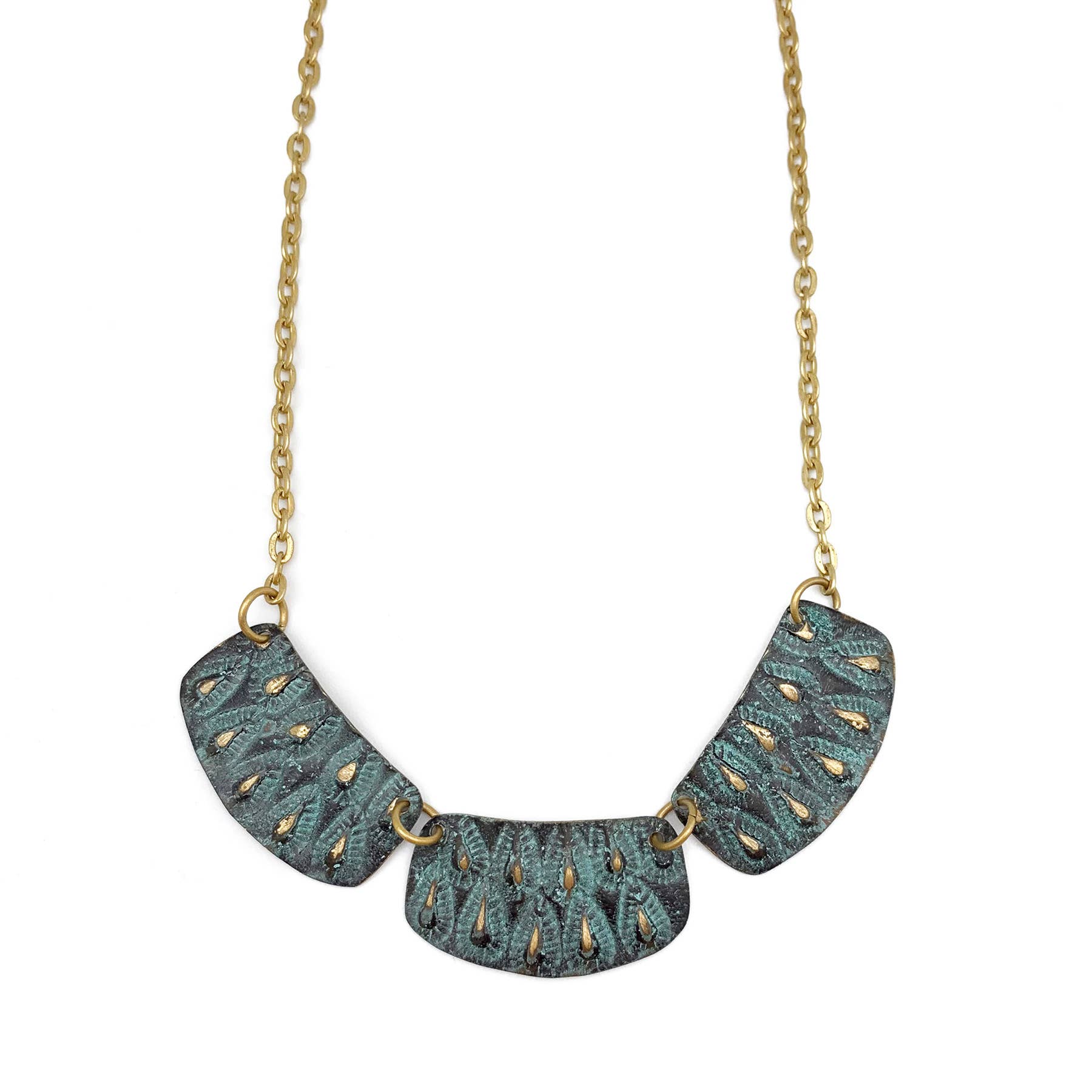 Brass Patina Necklace - Aqua on Brown Teardrops and Dots Bib