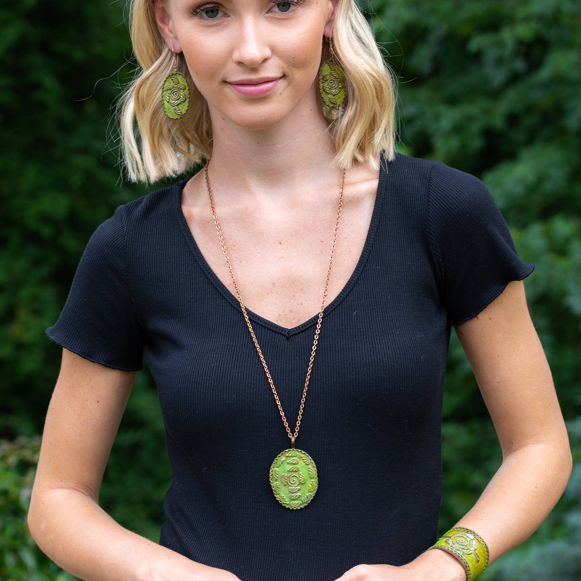 Copper Patina Necklace - Green Ornate Shapes Oval Pendant