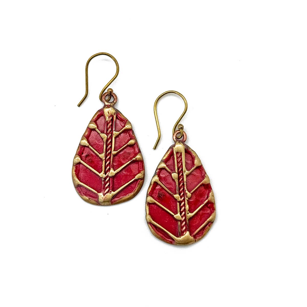 Handcrafted Bright Red Leaf Vein Brass Patina Earrings