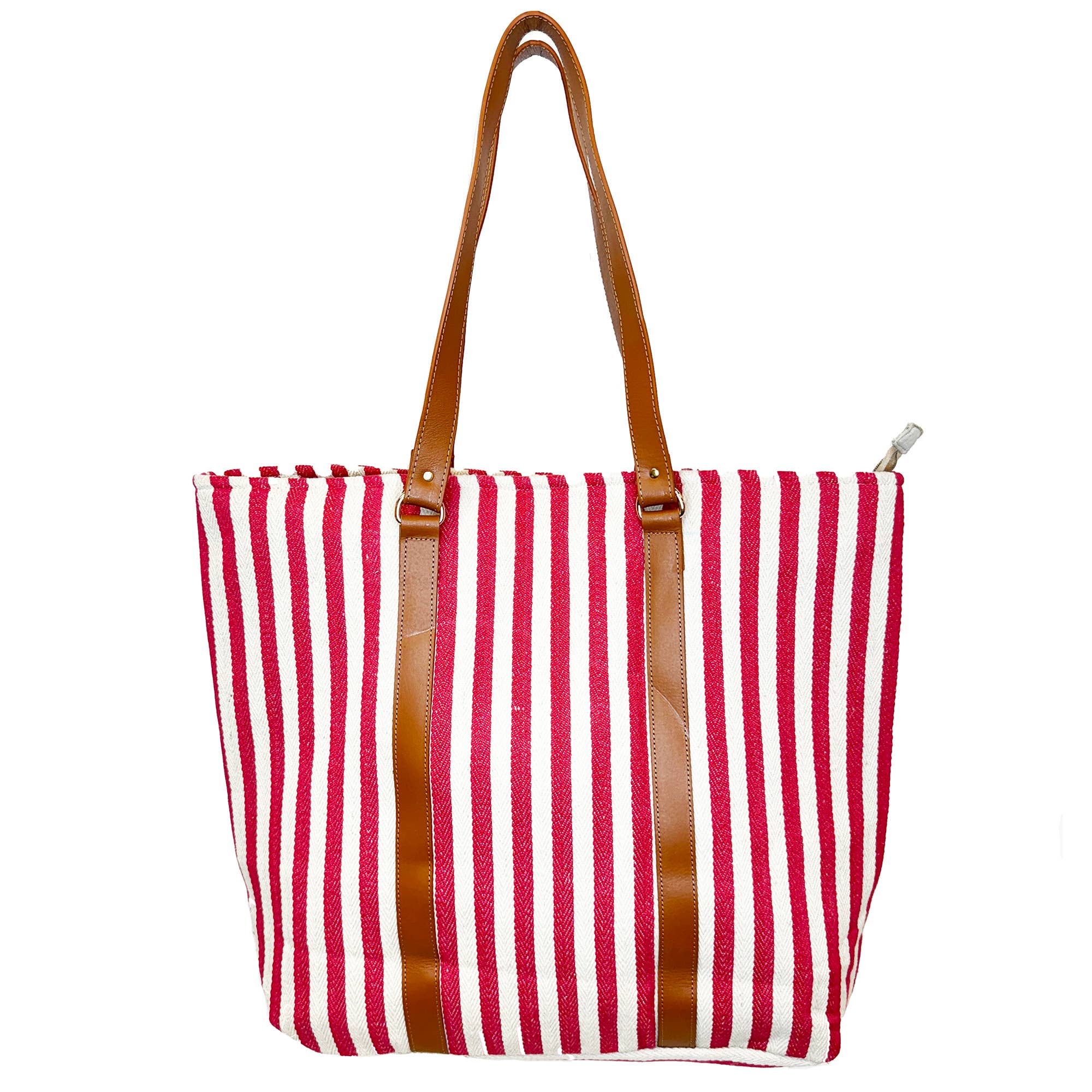 Malibu Tote - Red and White Tote with Leather Handles