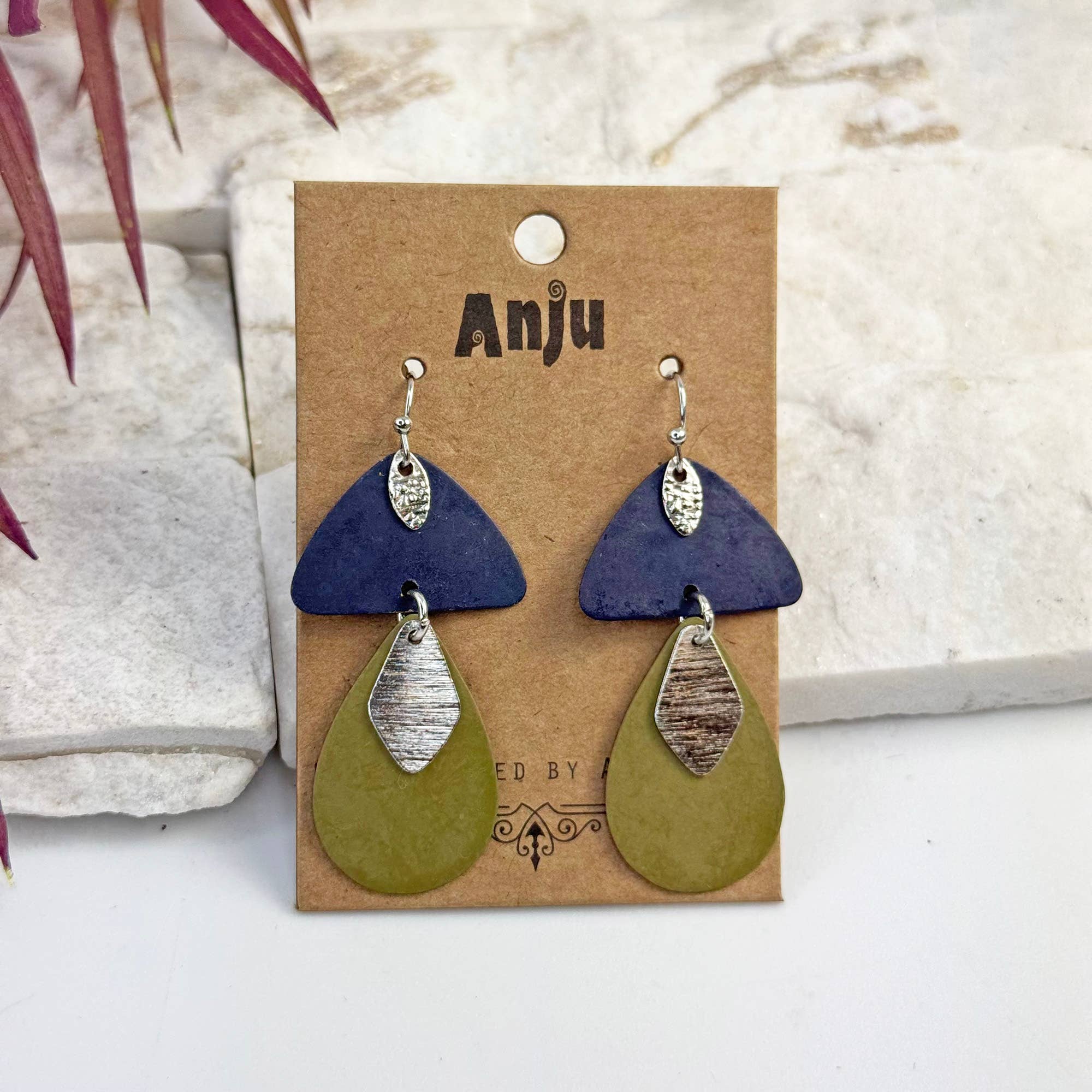 Handcrafted Blue & Olive Patina Mushroom Drop Earrings