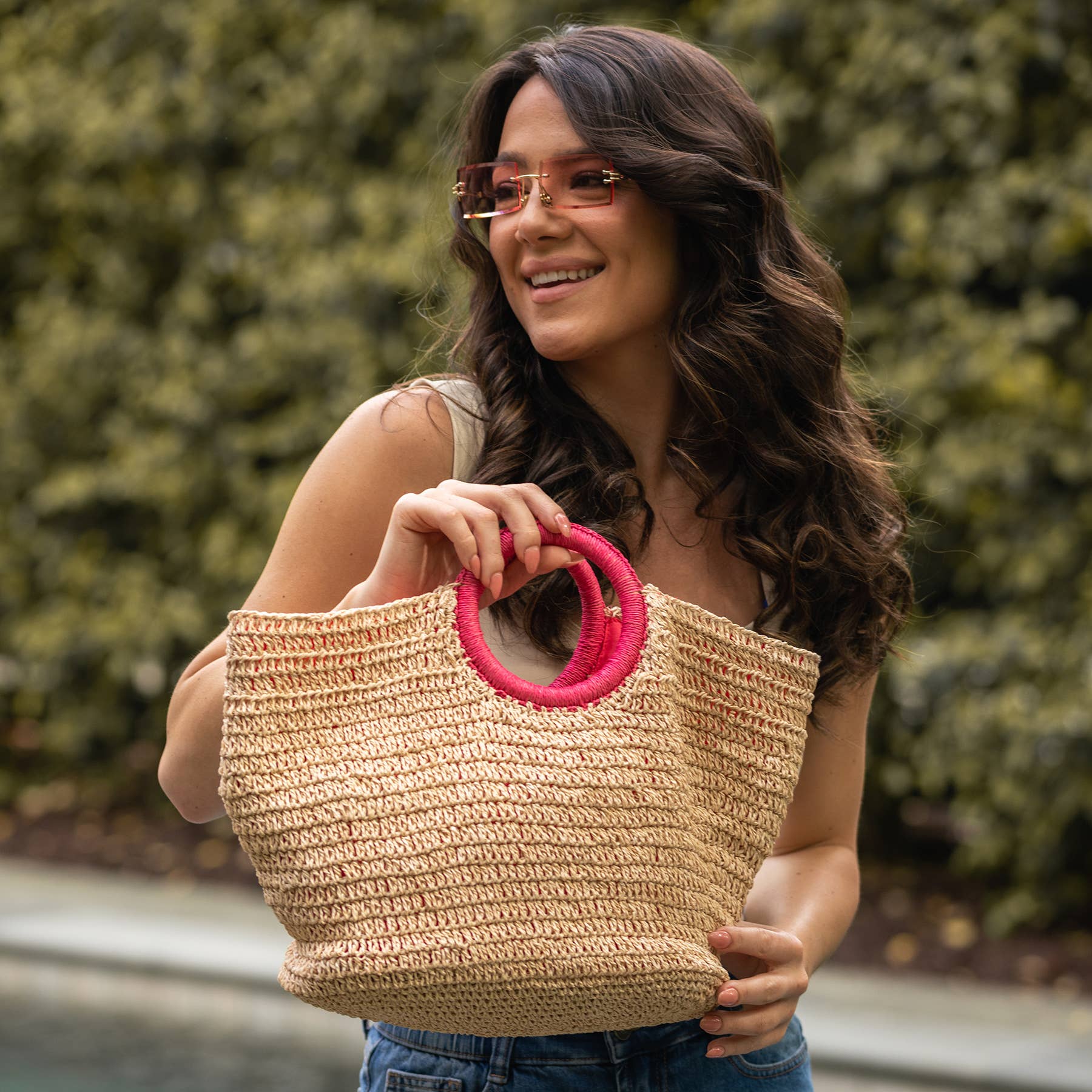 Cali Basket Raffia Bag with Colorful Wrapped Wooden Handle