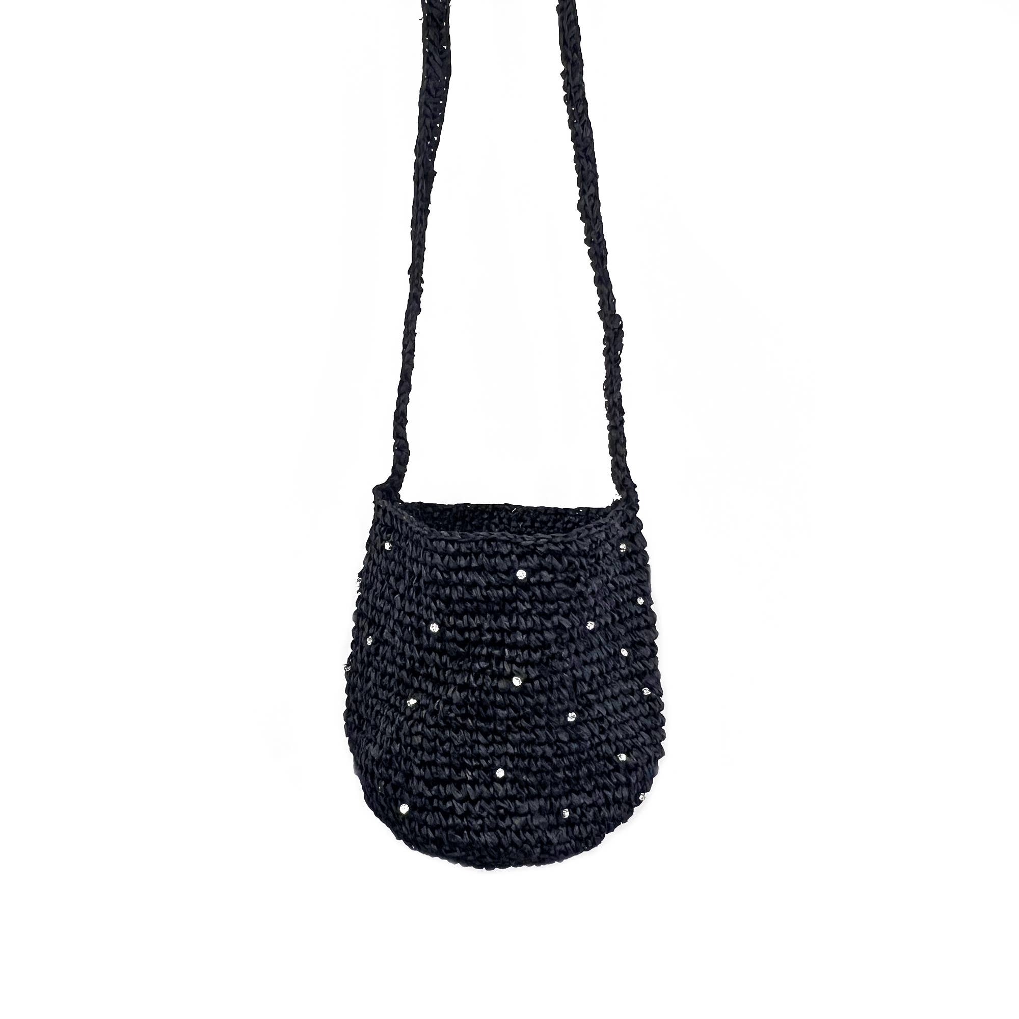 Sylvie Bag - Raffia Bucket Bag with Rhinestones - Black