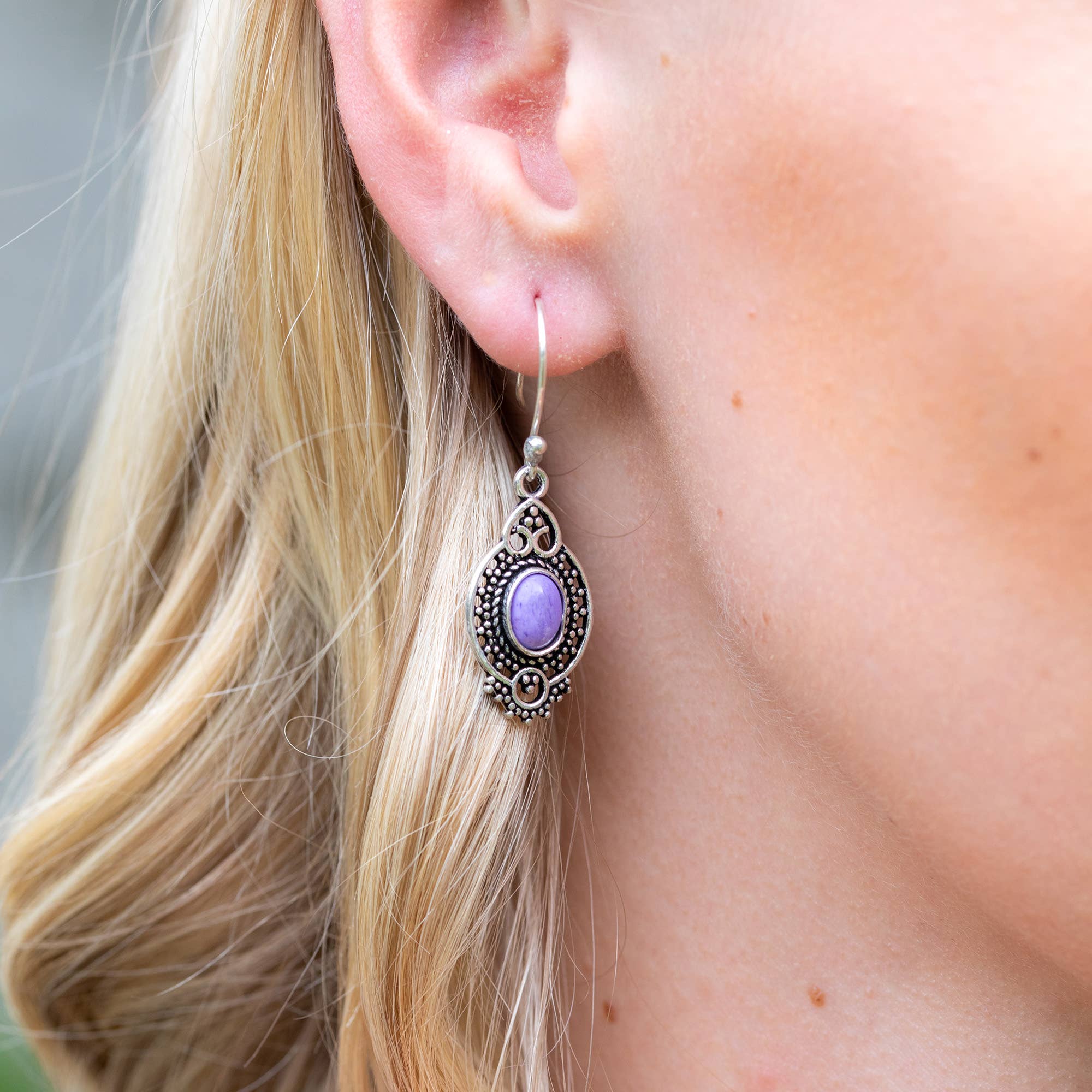 Tanvi Silver-Plated and Charoite Earrings - Ornate Oval