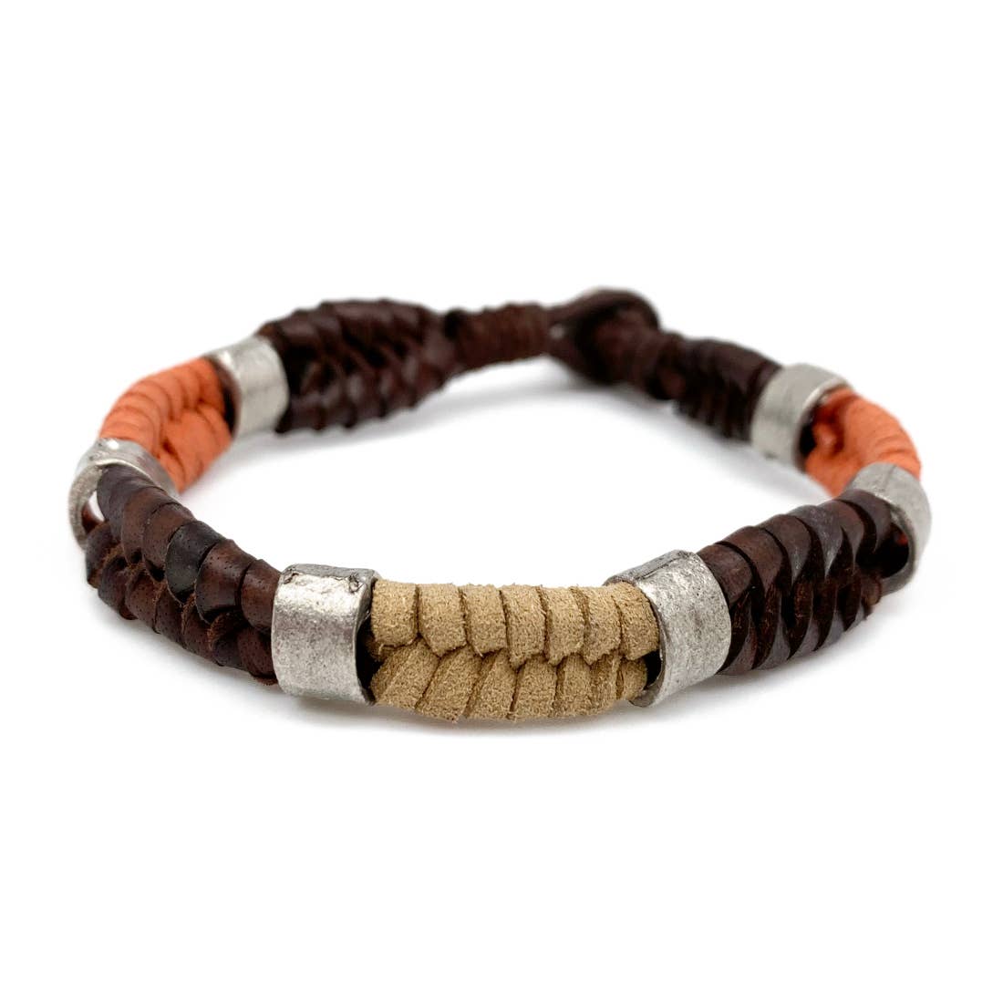 Aadi Brown and Orange Leather and Metal Beads Bracelet