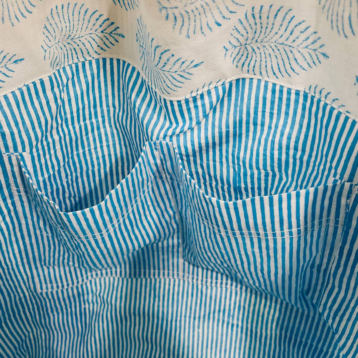 Handcrafted Canvas Bag with Block-Printed Sky Blue Leaves