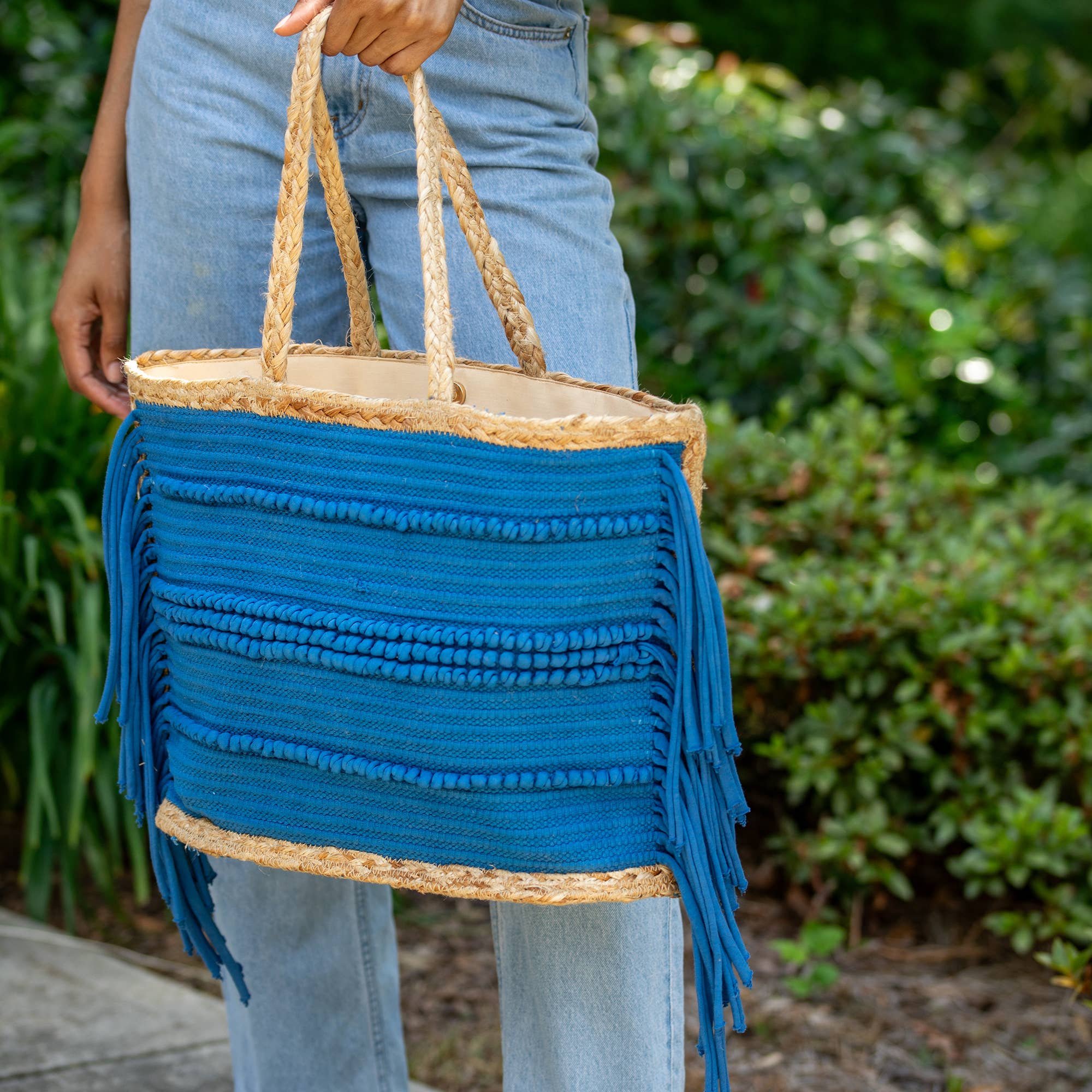 Nora Tote - Jute and Blue Cotton Tote with Fringes