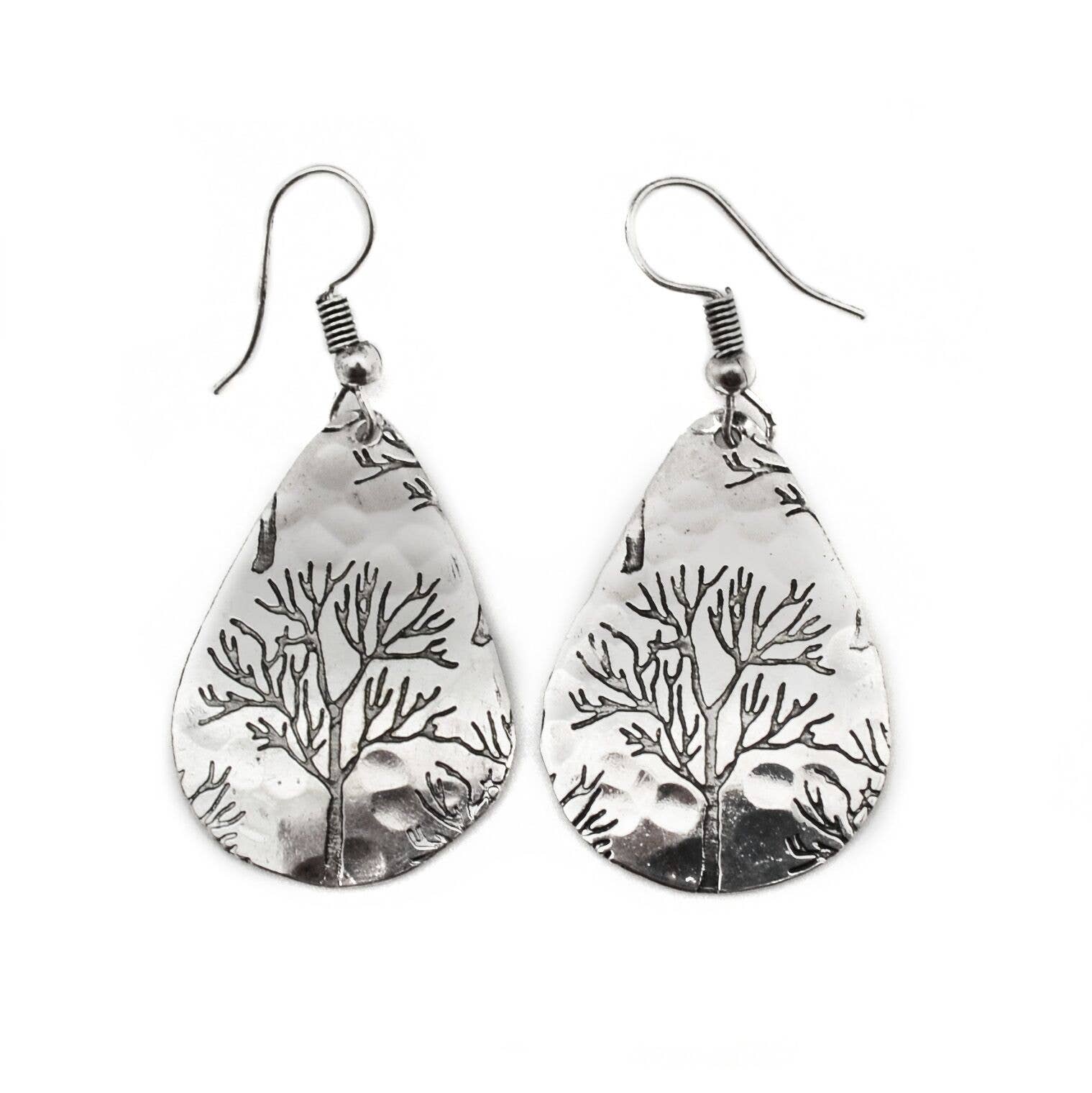 Winter Tree Silver Engraved Earrings