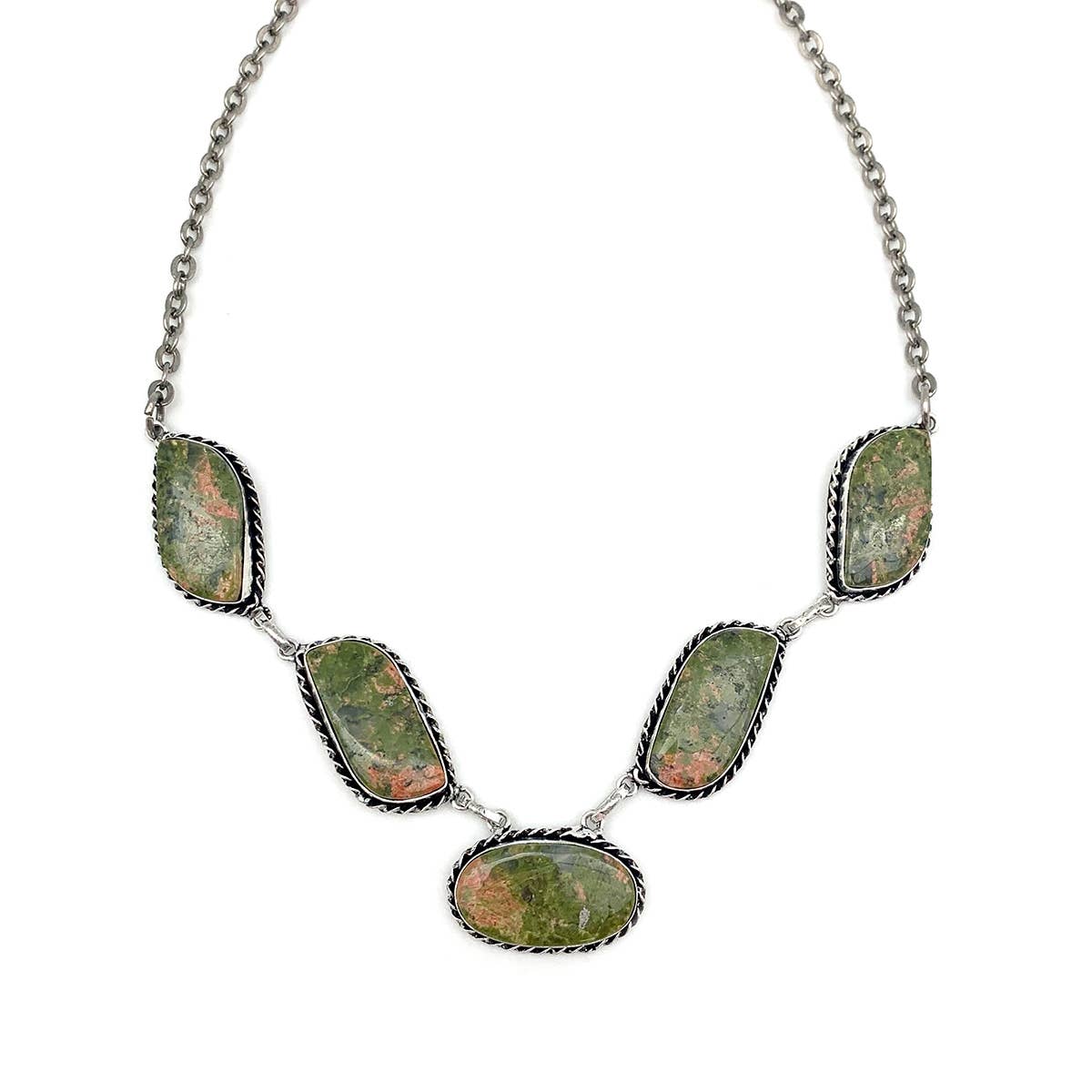 Handcrafted Kashi Semiprecious Stone Bib Necklace - Unakite