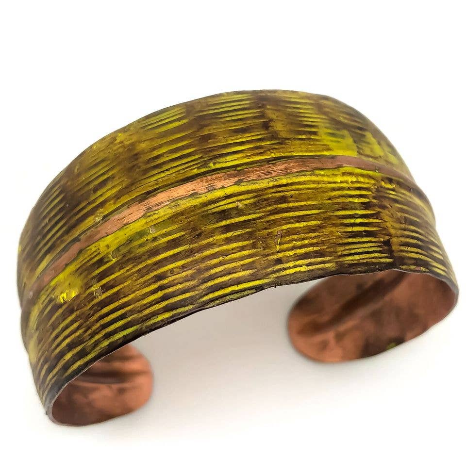 Chartreuse Hatchmark Print Copper Patina Bracelet