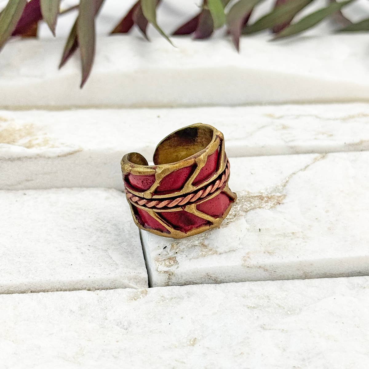 Handcrafted Cranberry Red Herringbone Brass Patina Ring