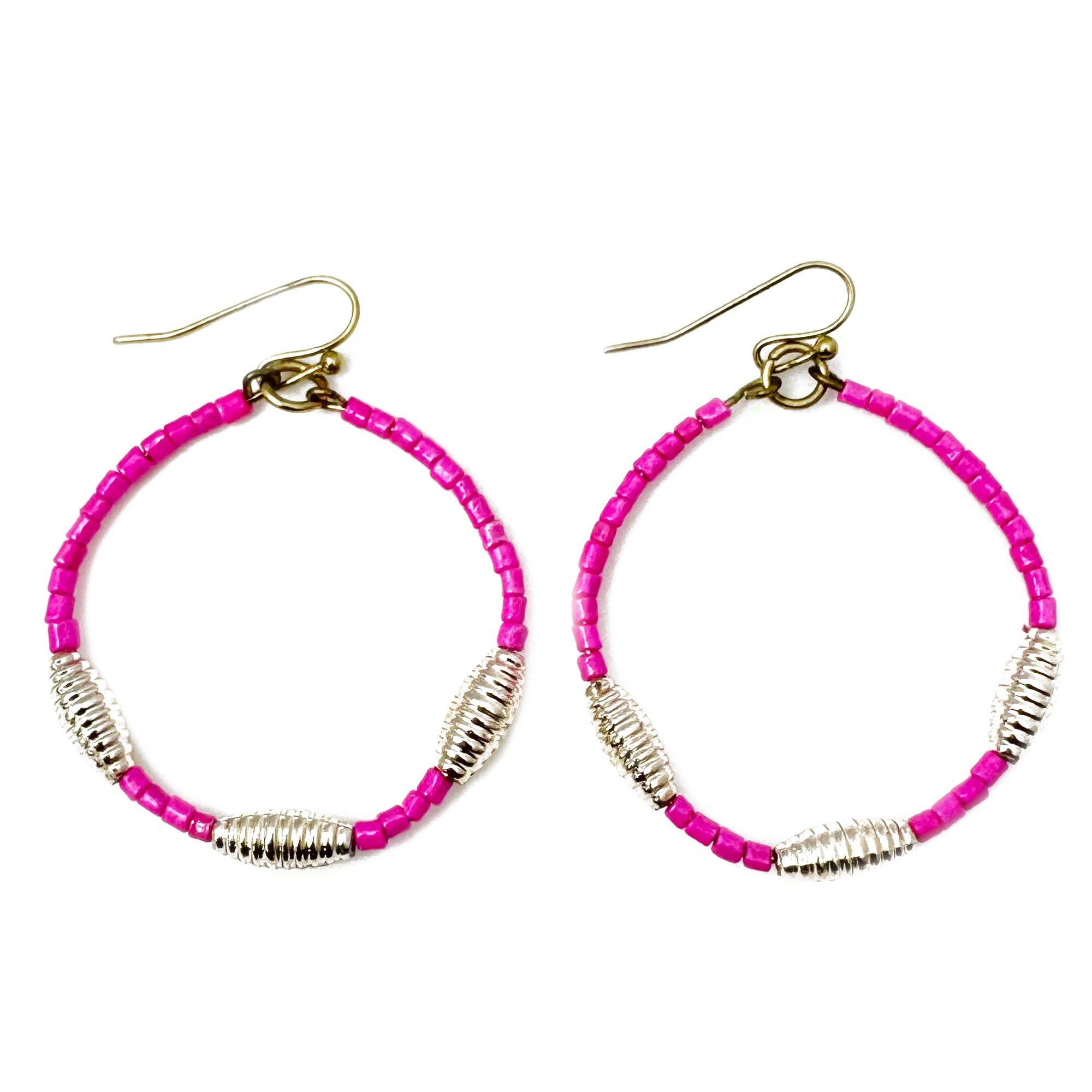 Seed Bead Hoop Earrings - Fuchsia