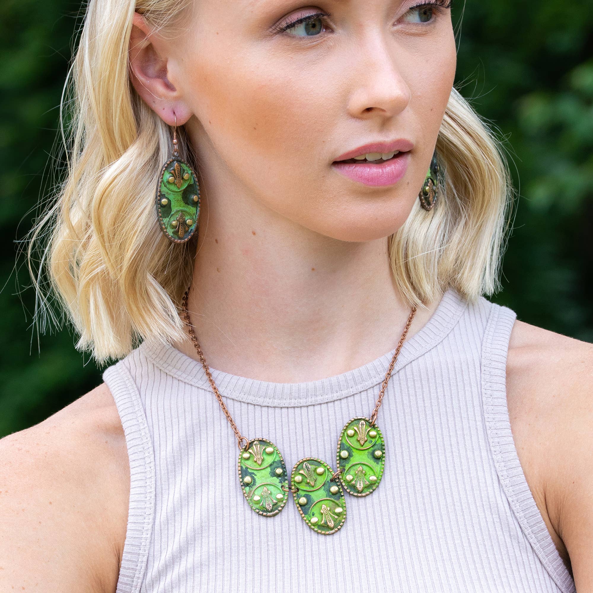 Copper Patina Necklace - Three Mirrored Filigree Ovals